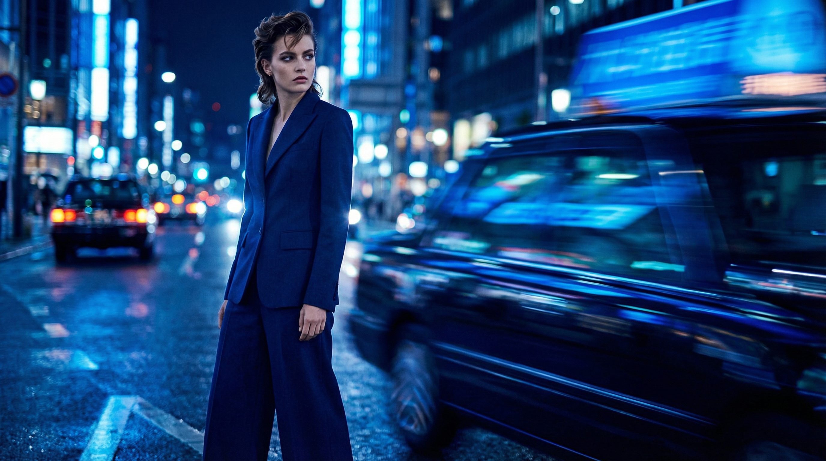 Woman in blue suit on neon city street at night