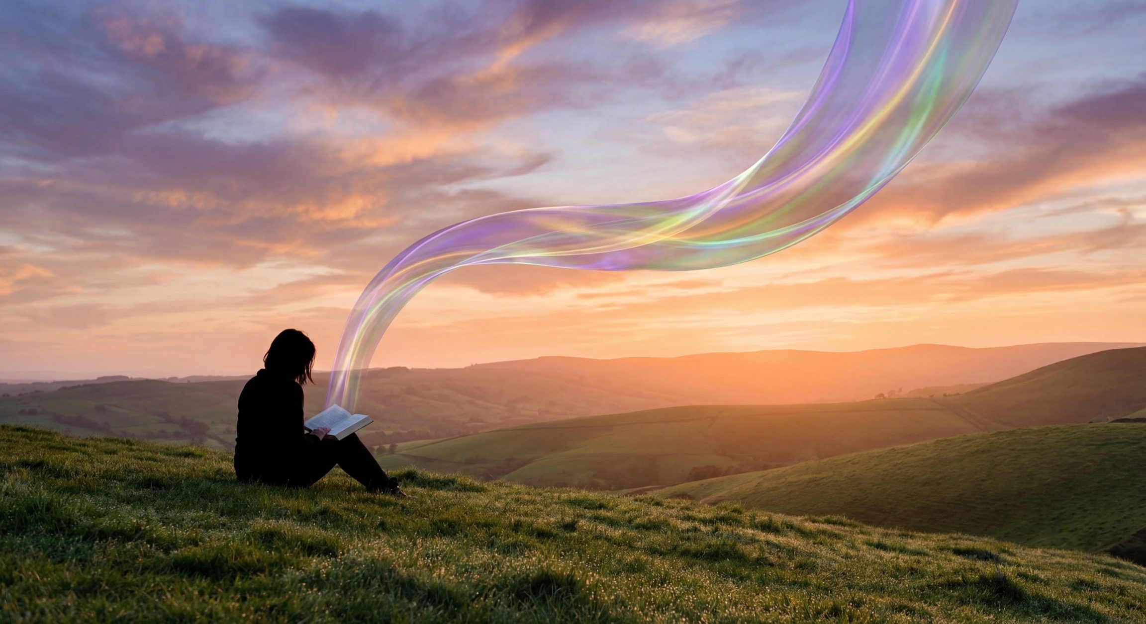 Person Reading on Hill at Magical Sunset