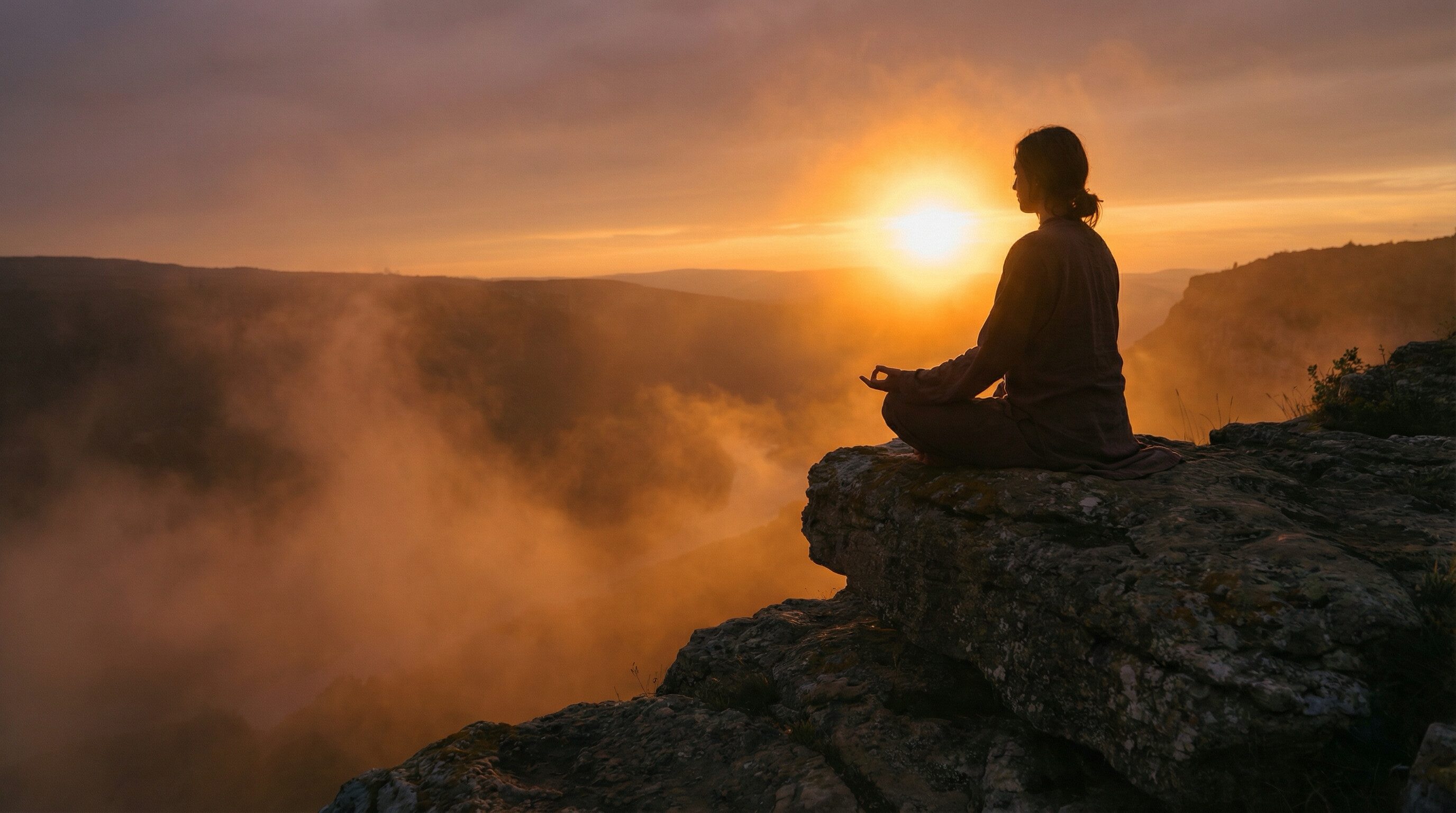 Person meditating on cliff at sunrise
