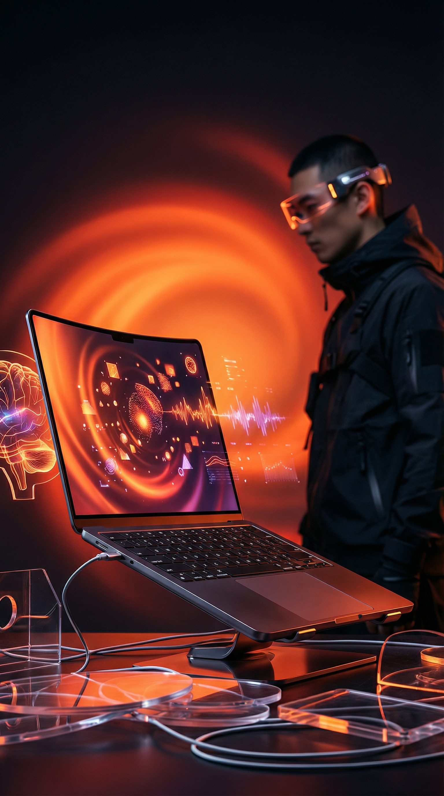 Futuristic AR laptop workspace with holographics