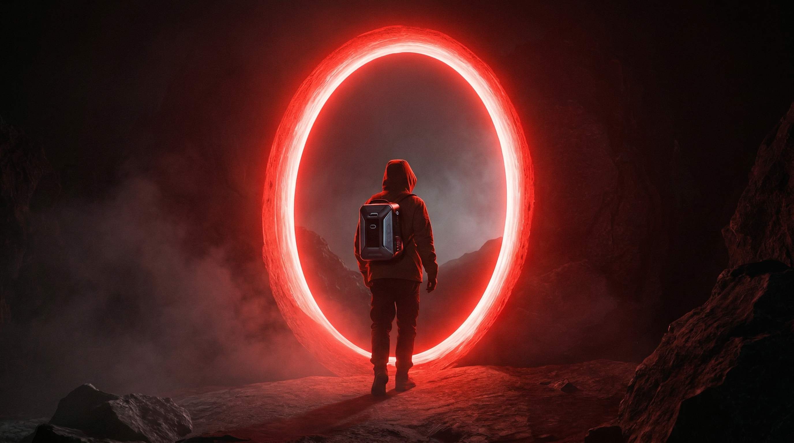 Explorer Facing Glowing Red Portal