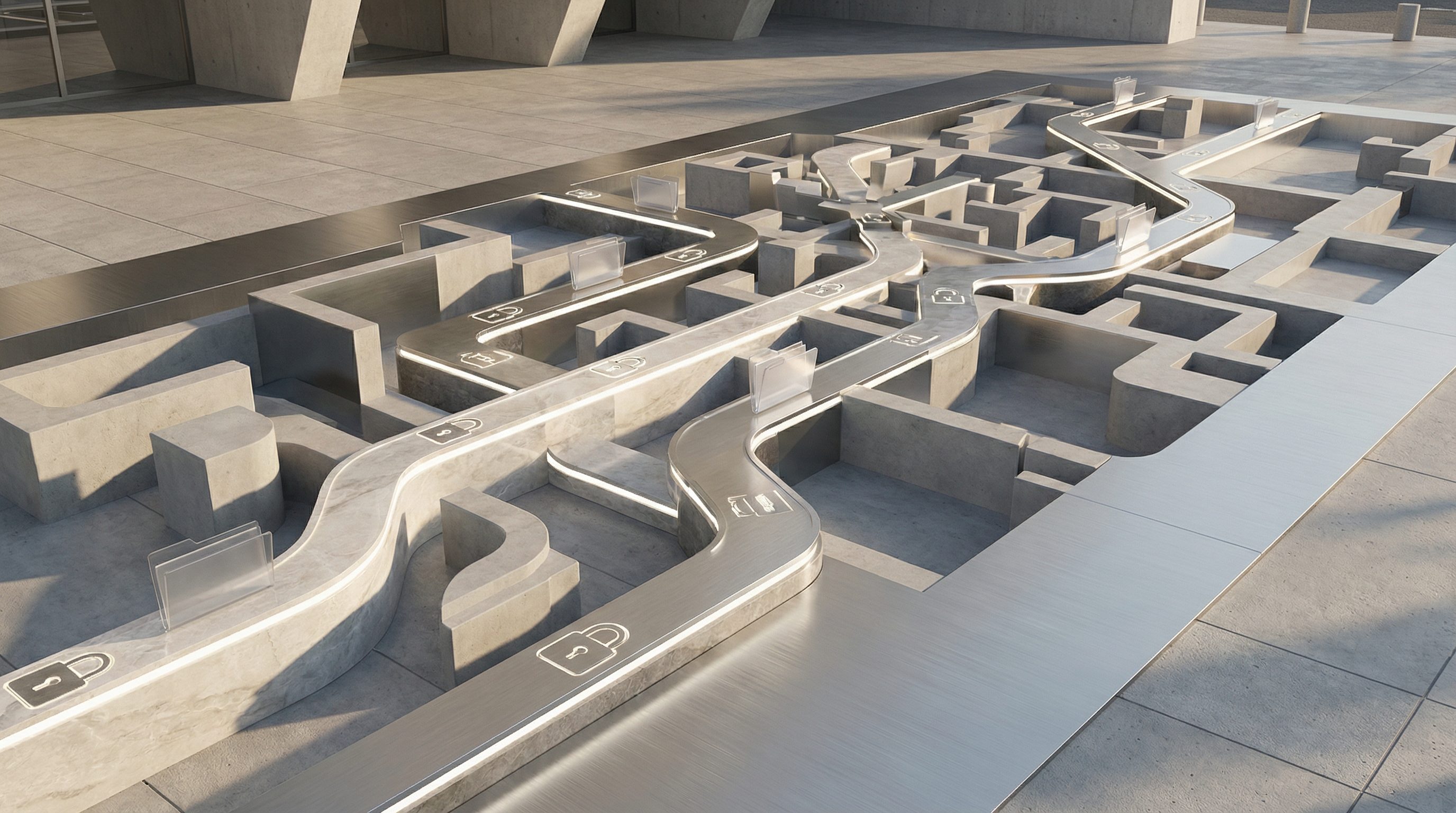 Futuristic metallic data flow maze