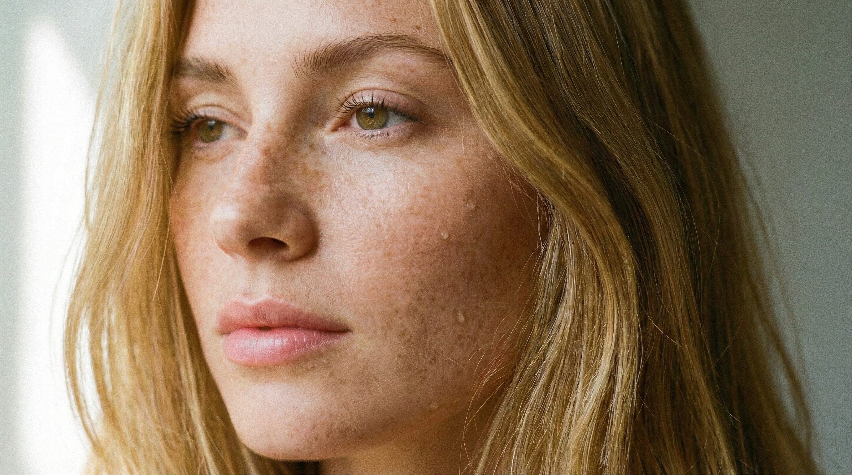 Close-up portrait of freckled woman