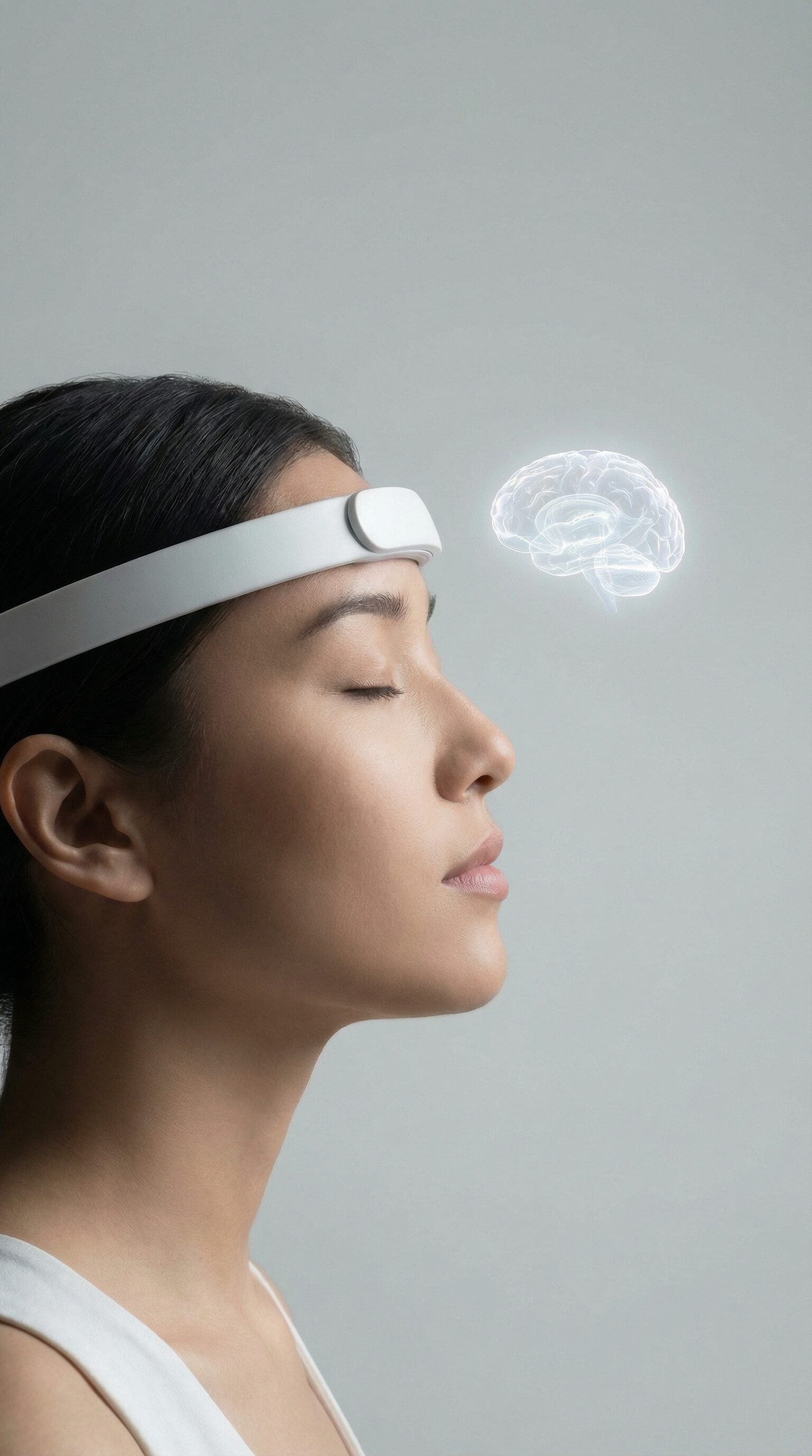 Woman using futuristic brain sensing headband