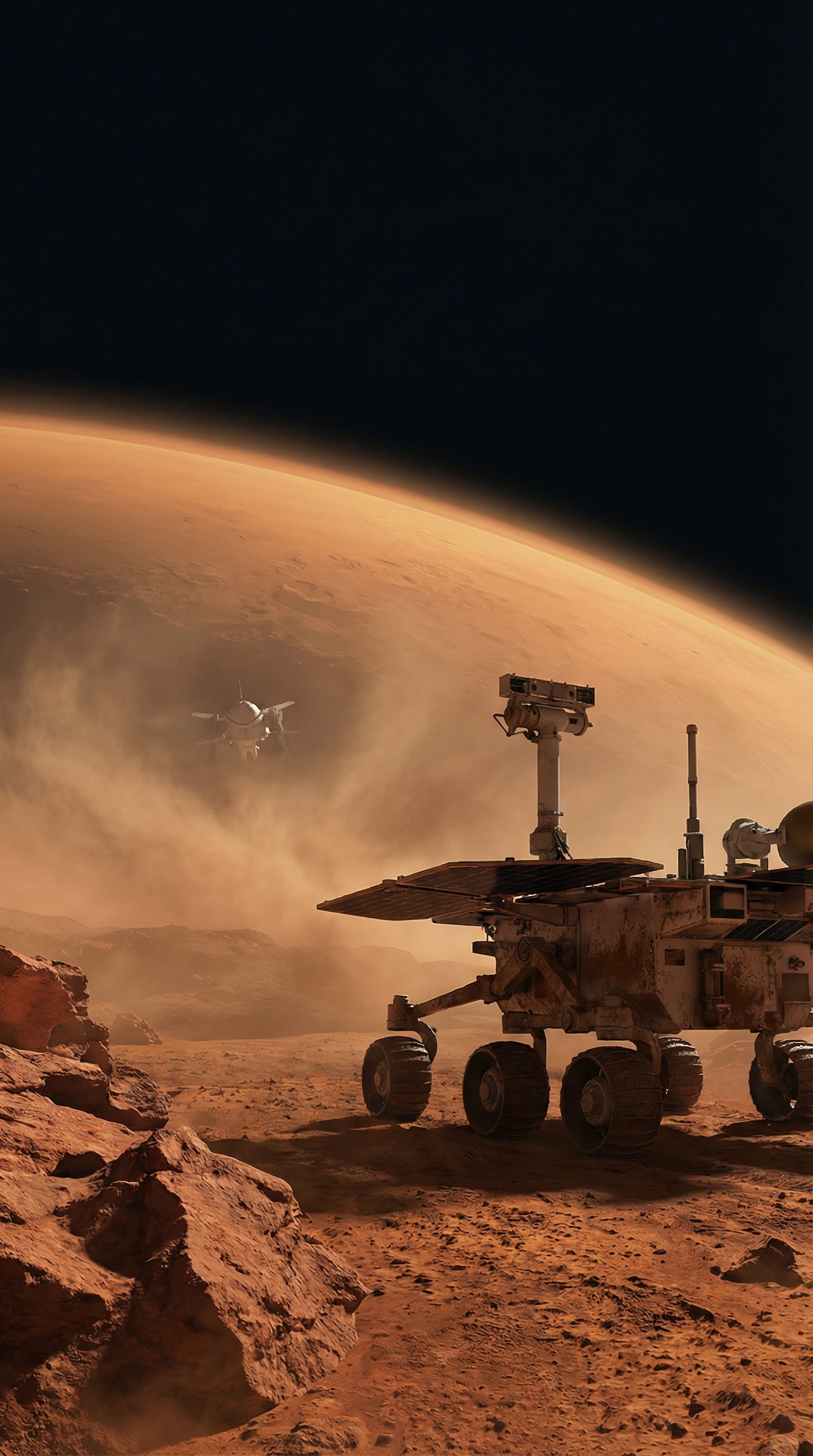 Mars rover and drone exploring dusty landscape