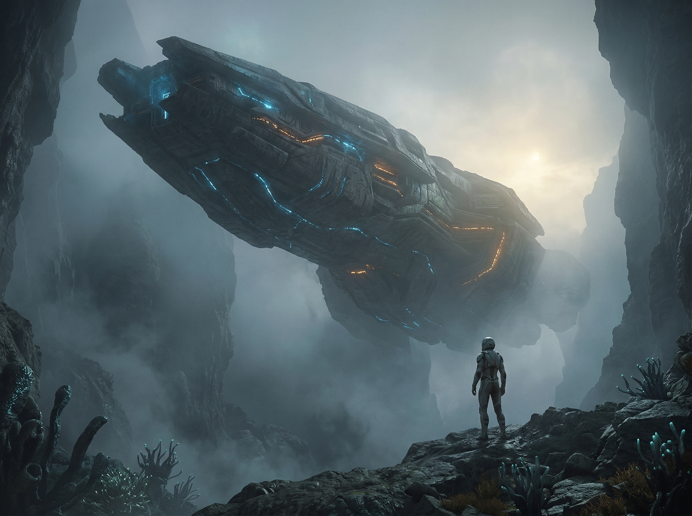 Astronaut Facing a Massive Alien Starship