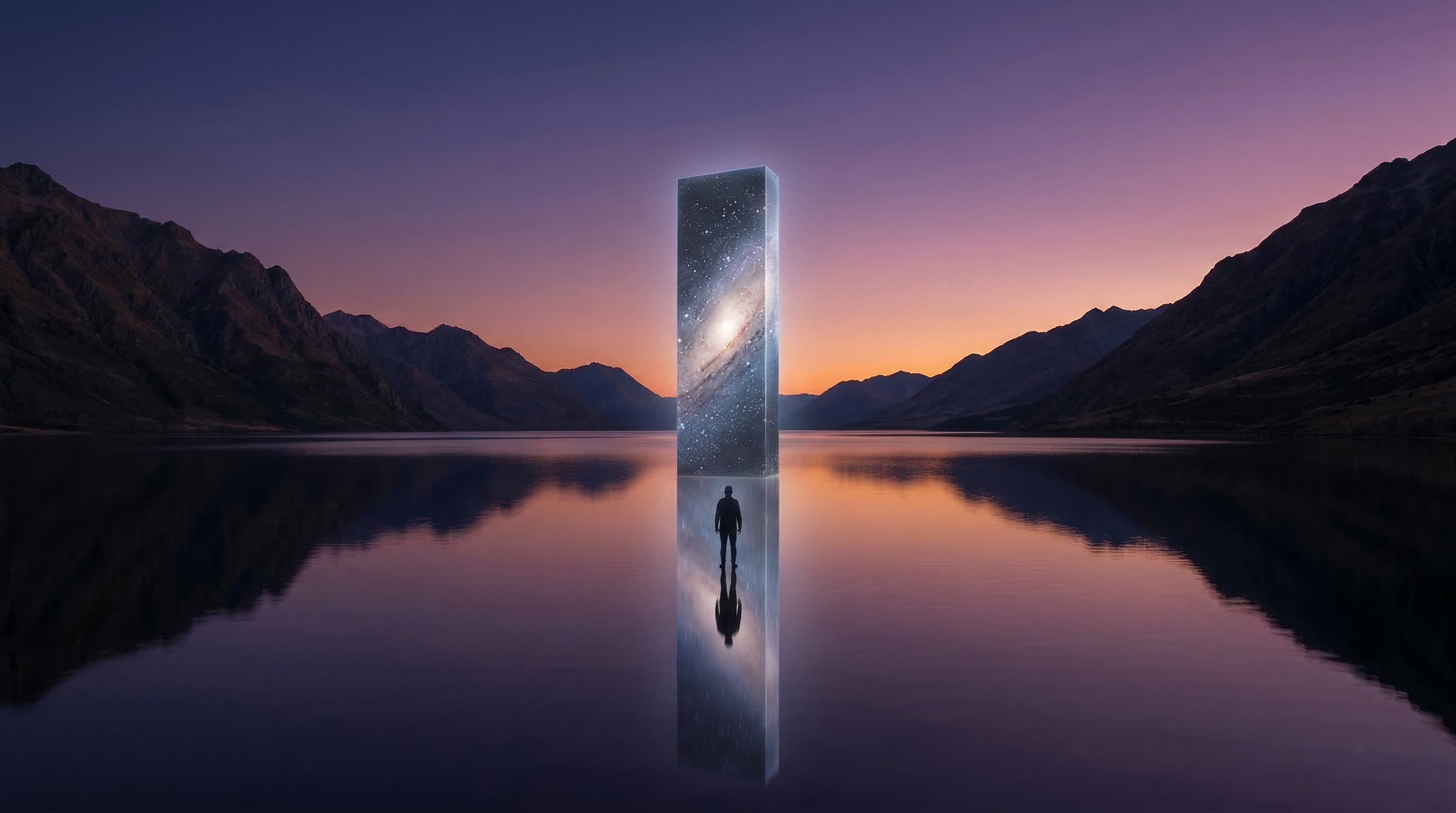 Surreal Monolith at Mountain Lake Dusk