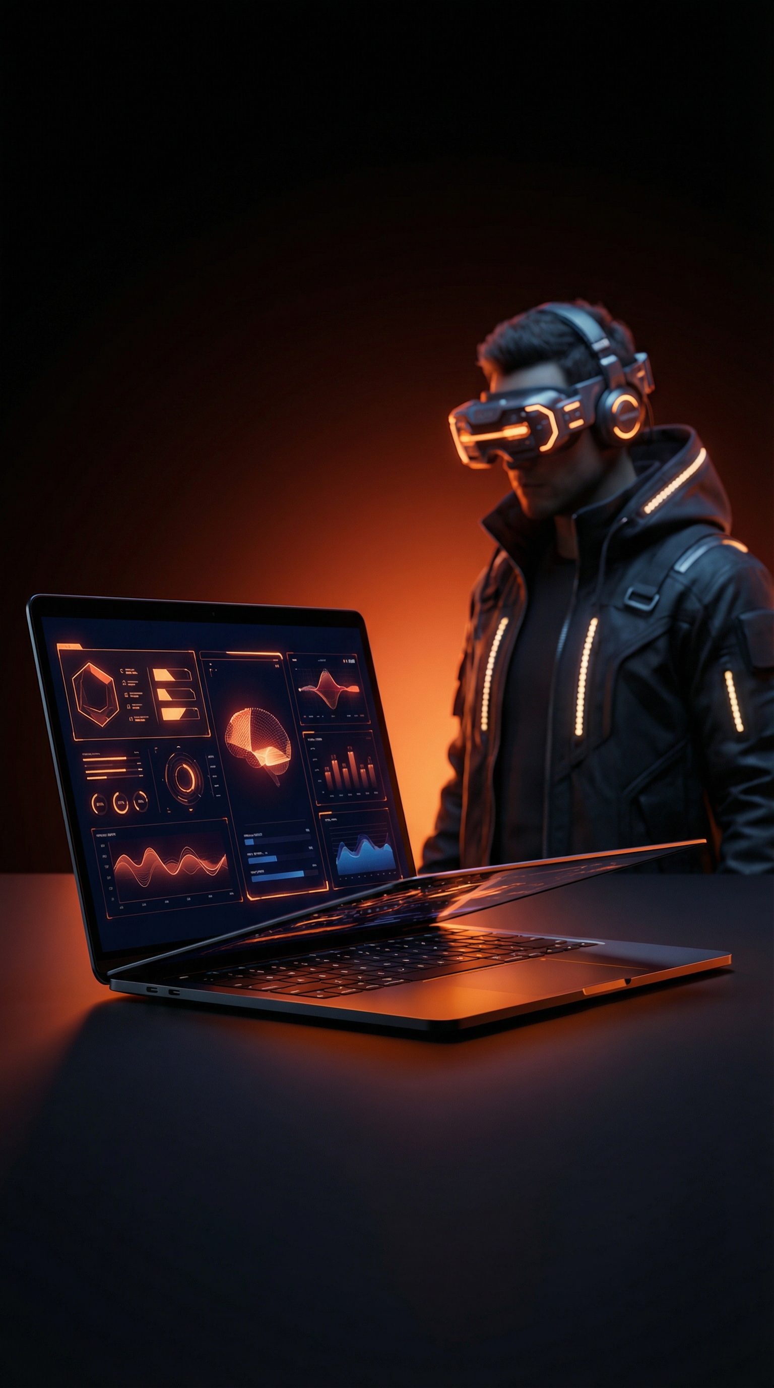 Futuristic VR analytics with glowing laptop