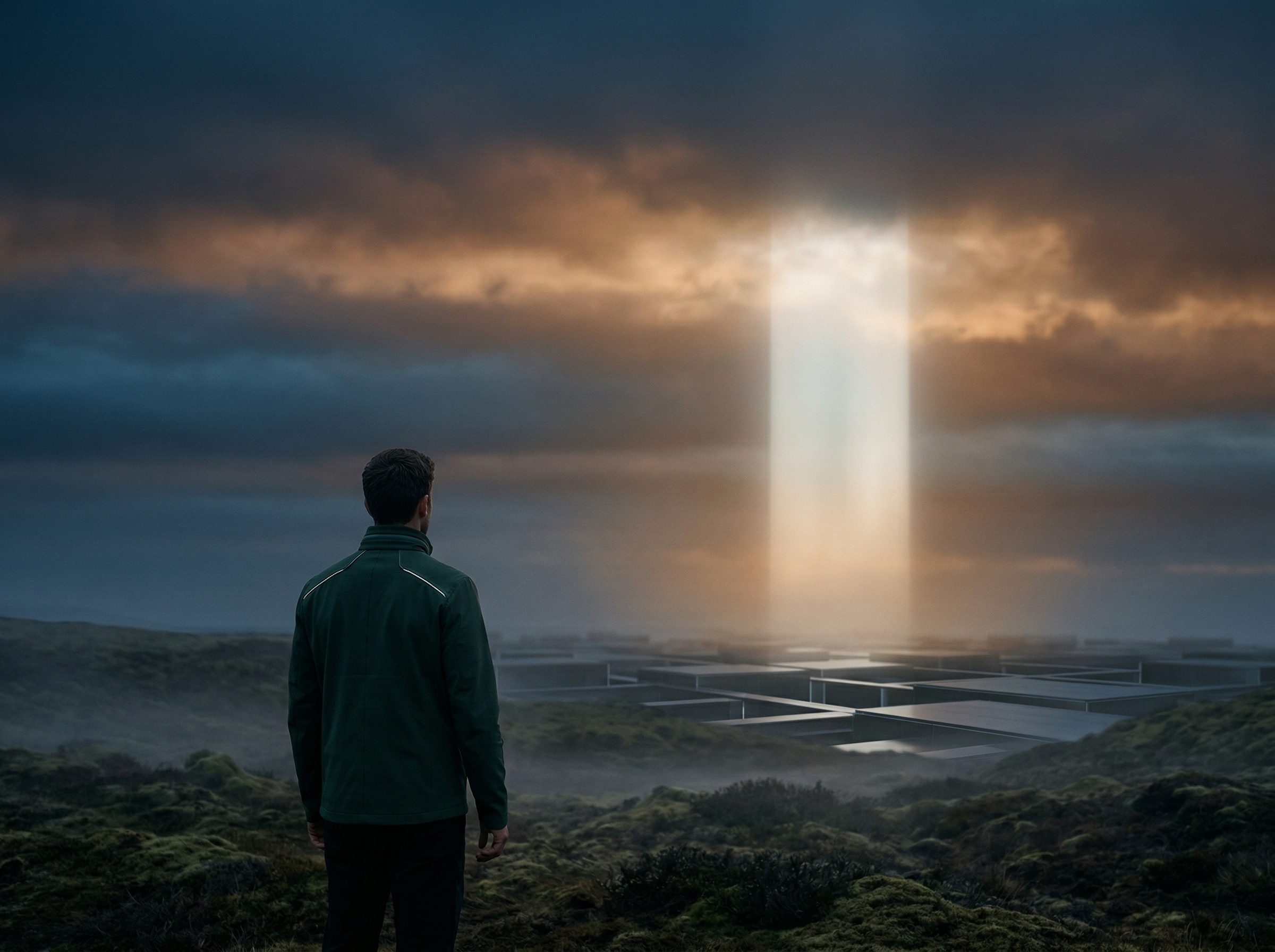 Man watching a light beam over futuristic complex