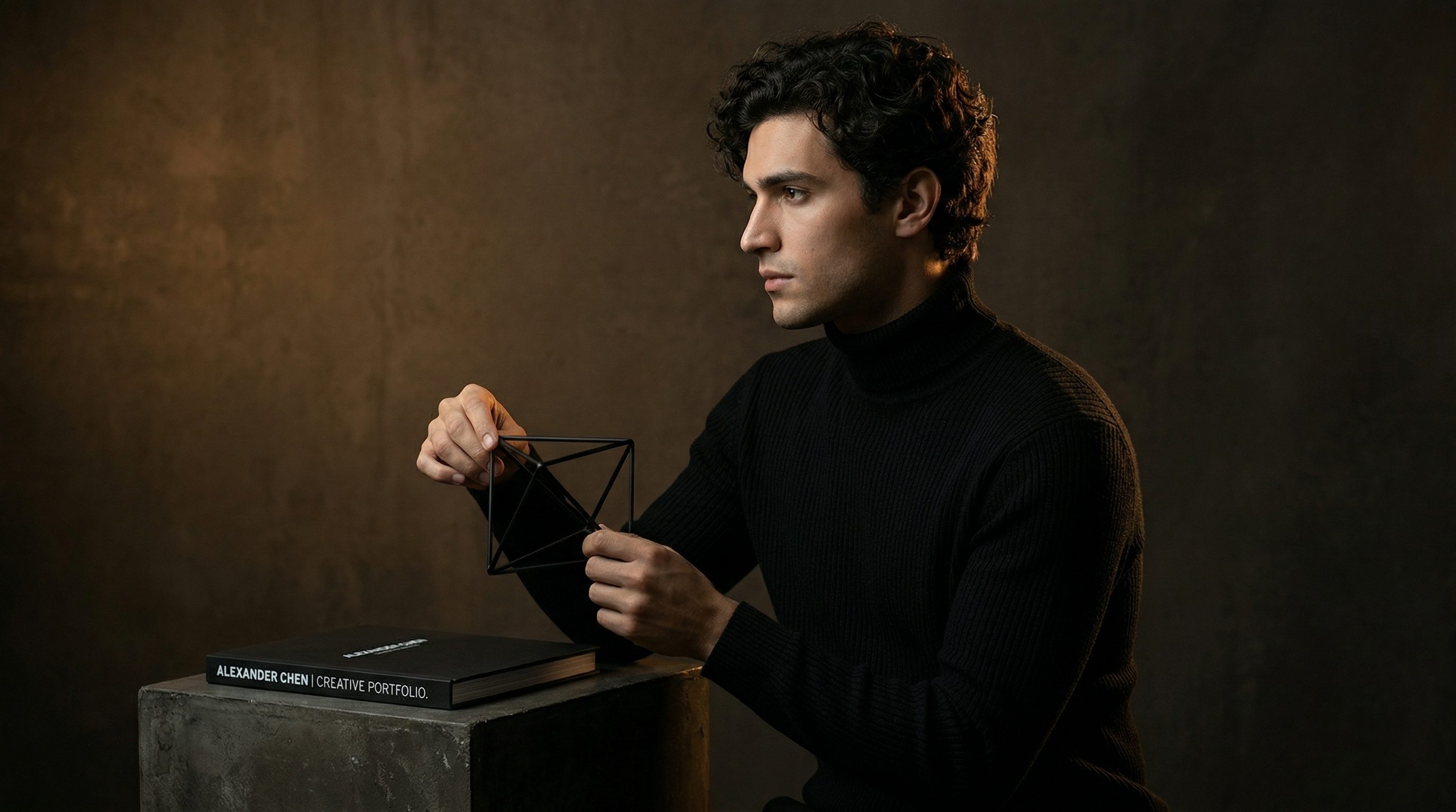 Moody Studio Portrait with Geometric Wire Sculpture