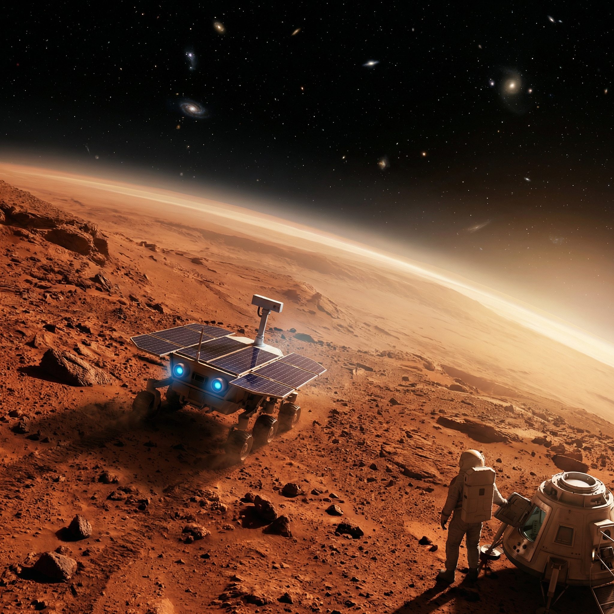 Astronaut and rover exploring Martian surface