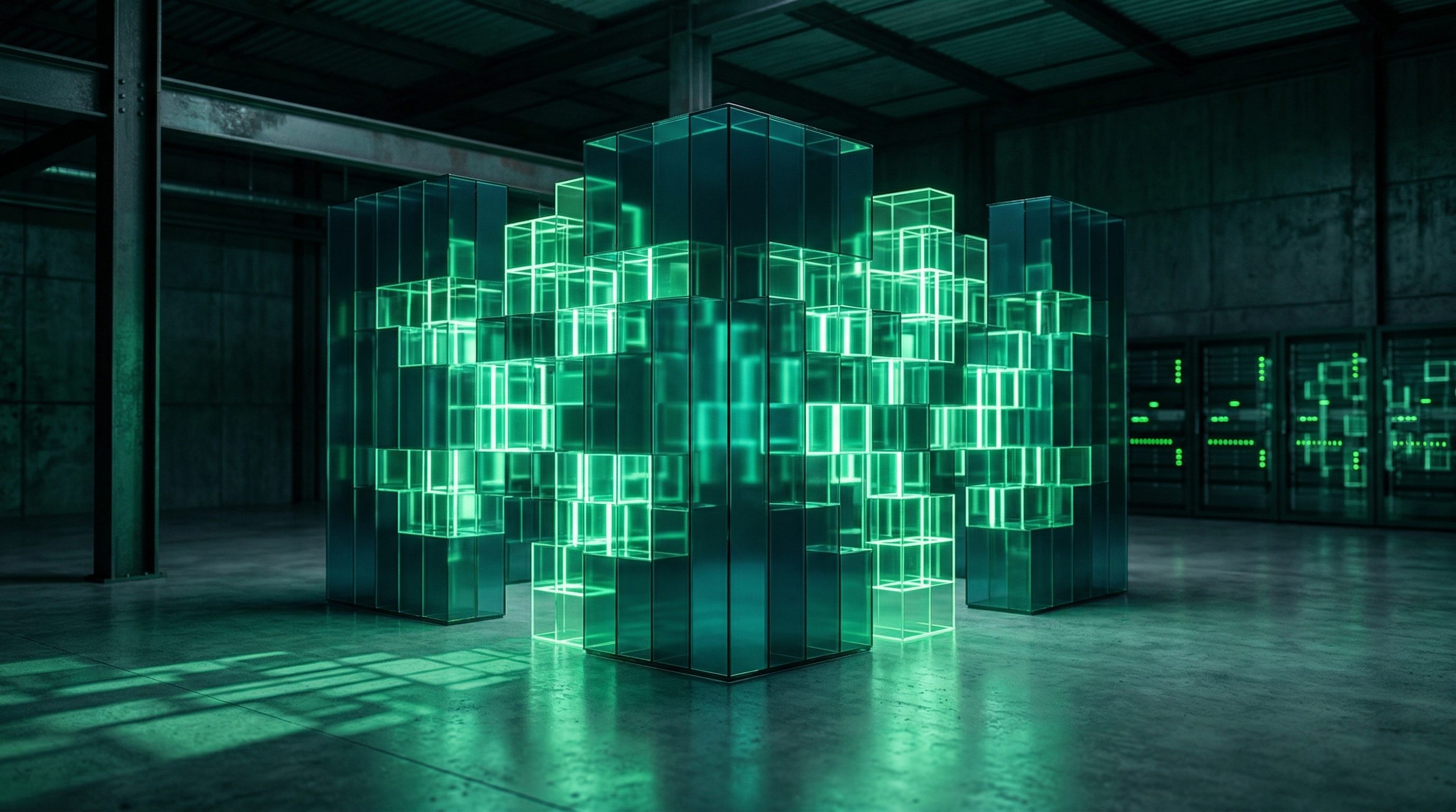 Glowing Green Data Cubes in Server Room