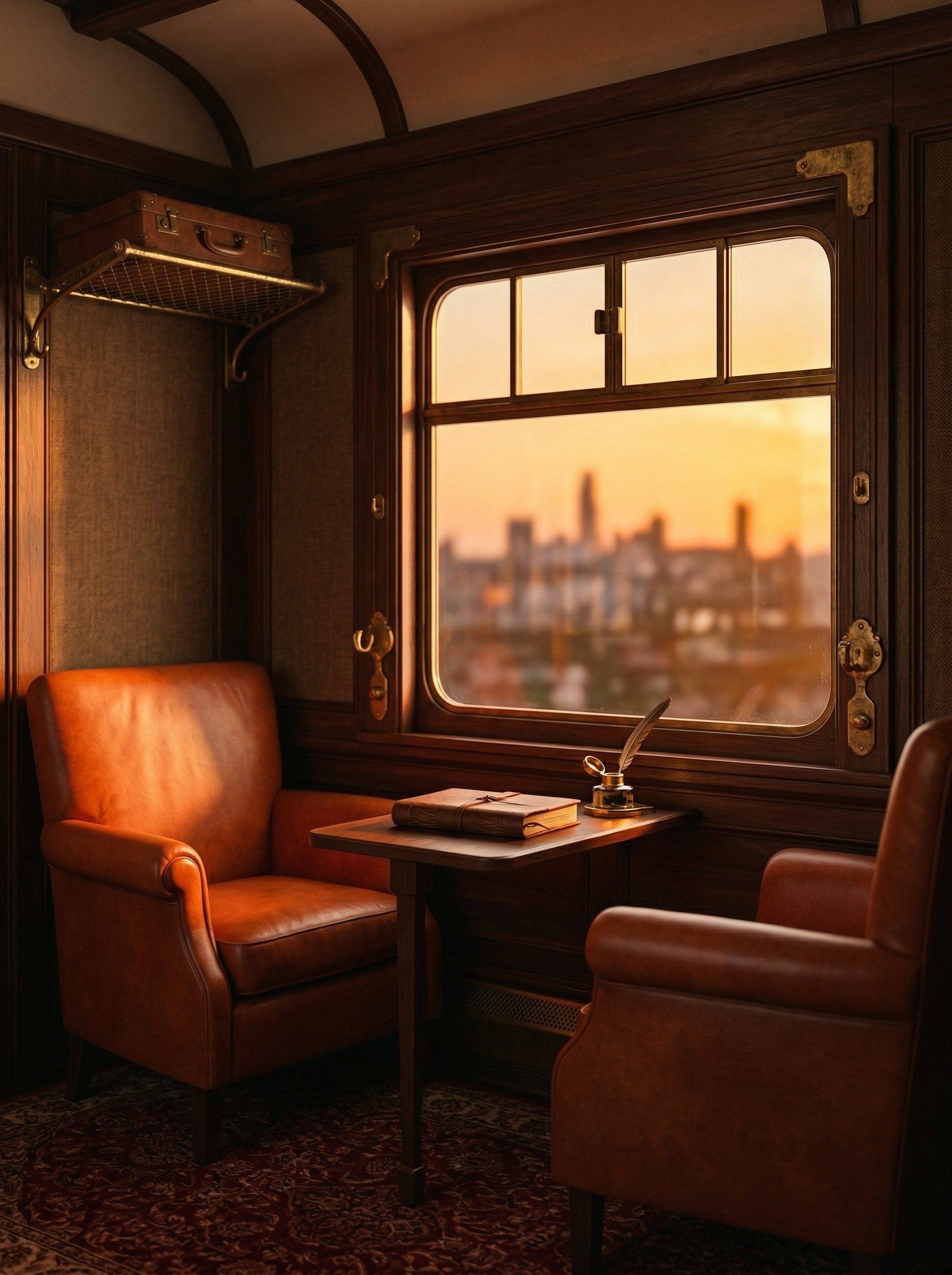 Vintage train compartment at sunset
