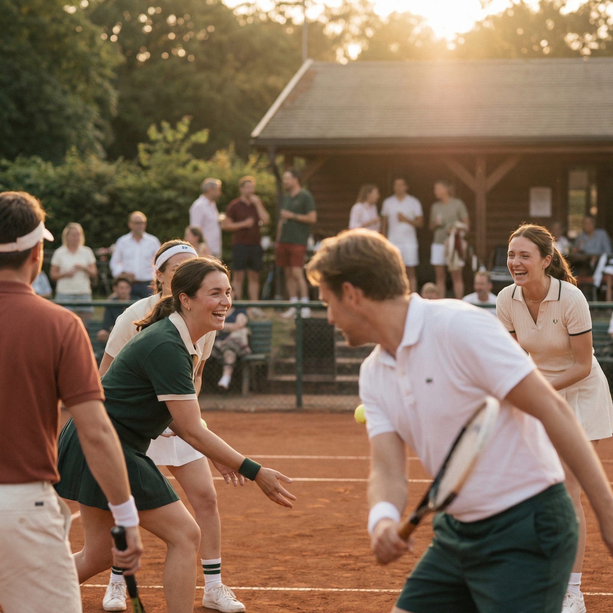 Friends Laughing on Clay Tennis Court at Sunset