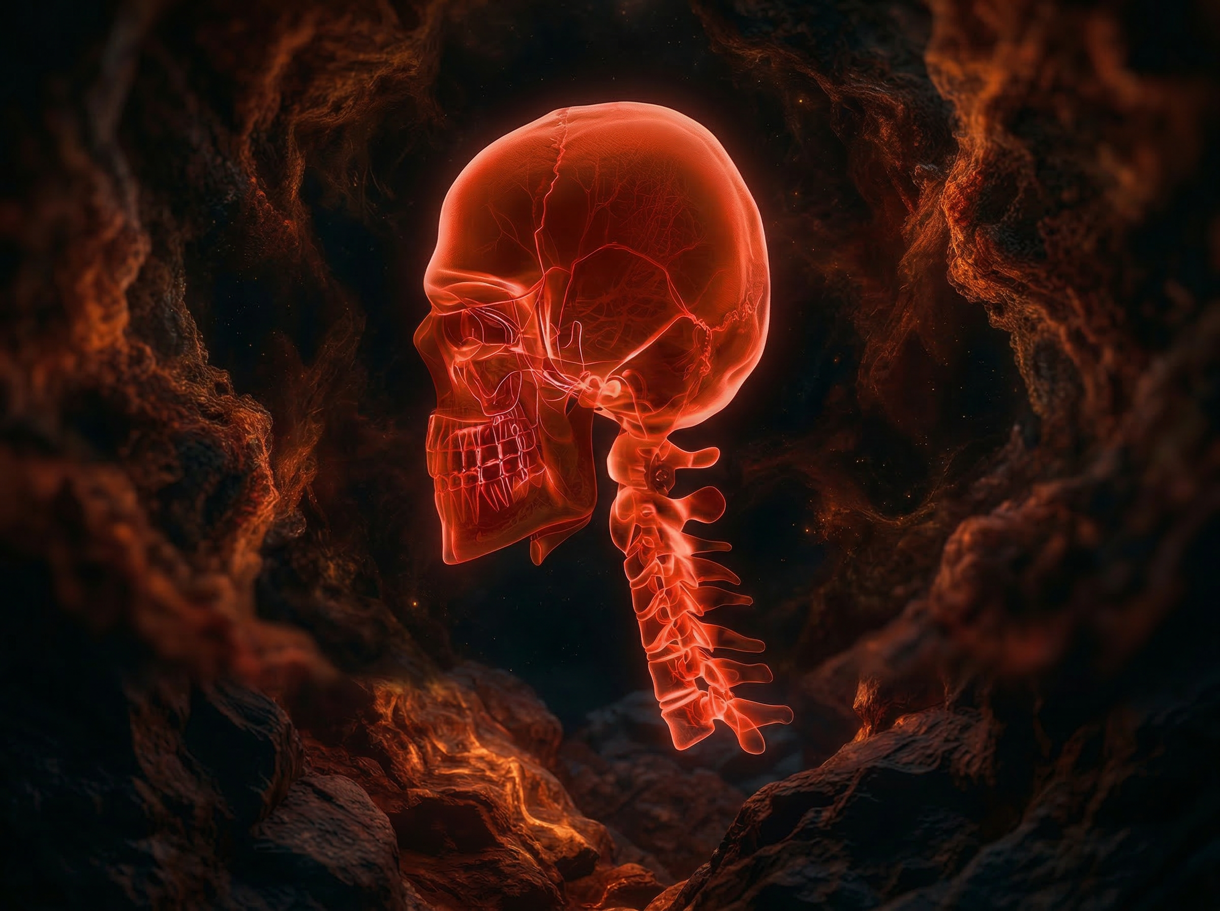 Glowing Red X-Ray Skull and Spine Illustration
