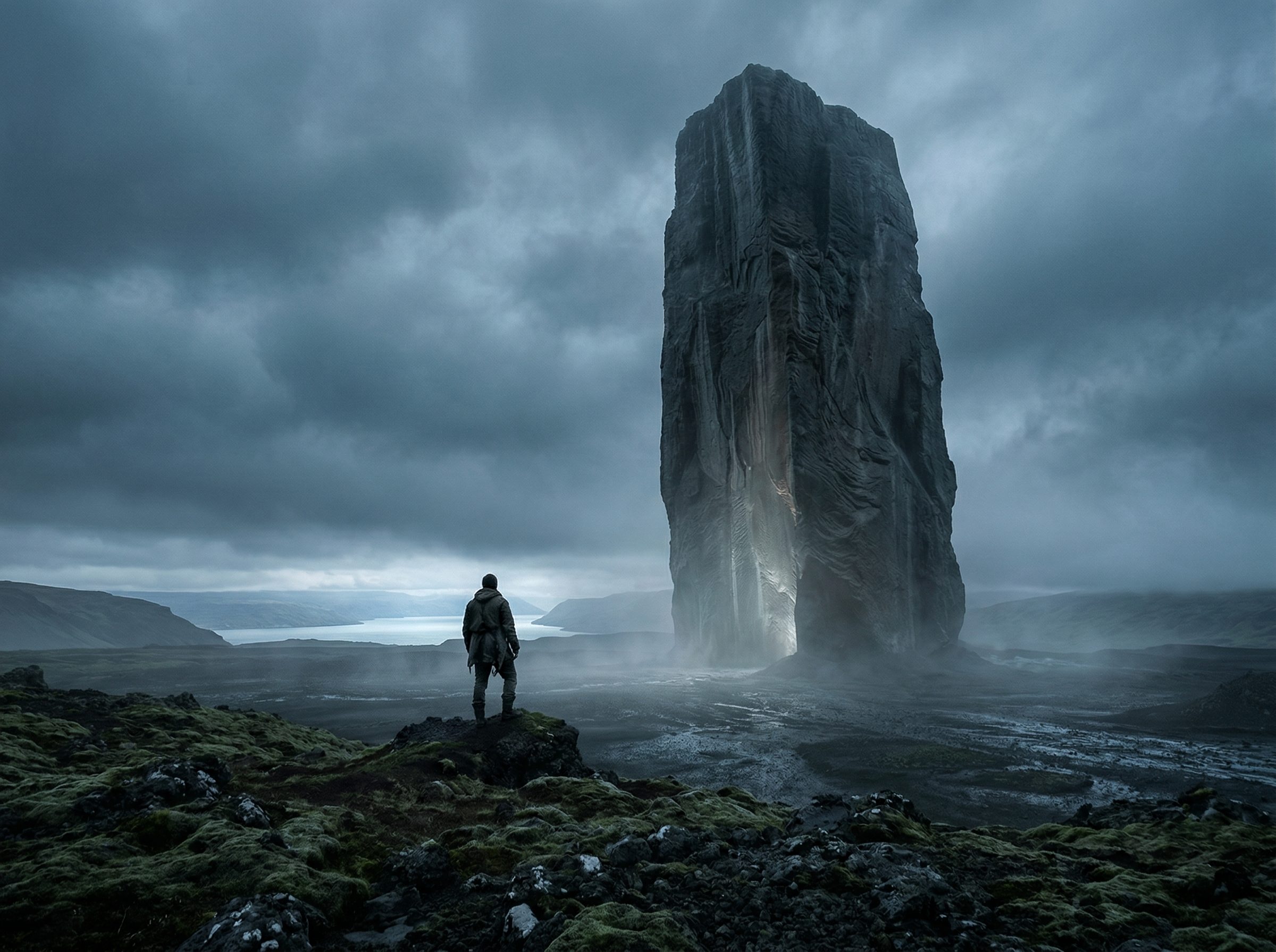 Lone Explorer Facing Giant Monolith in Storm