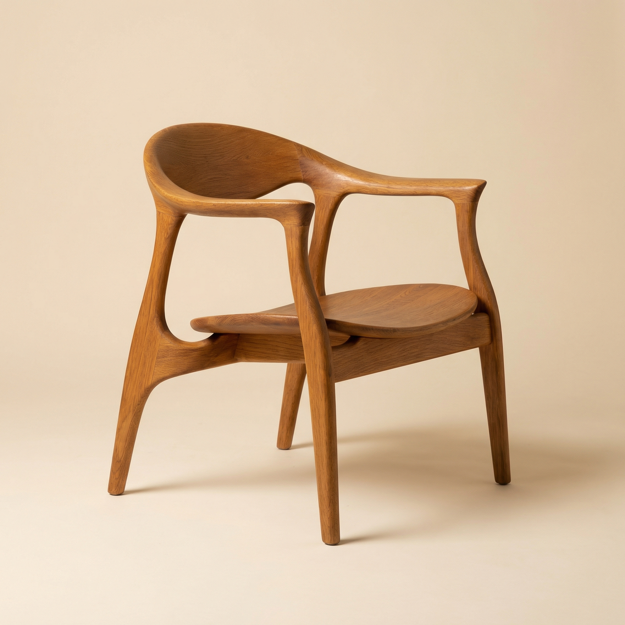 Modern sculpted wooden armchair on beige background