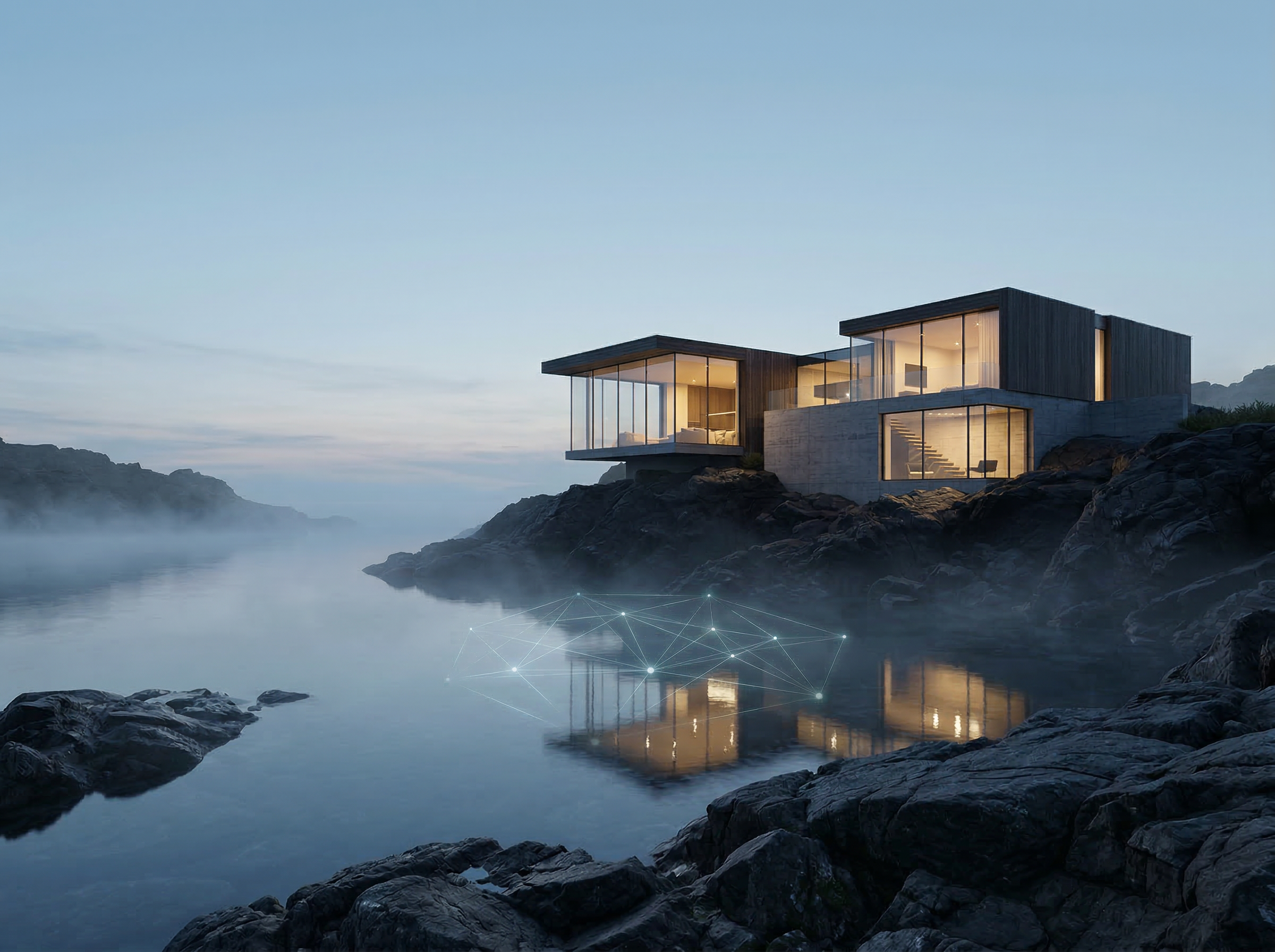 Modern cliffside house over misty coastal water