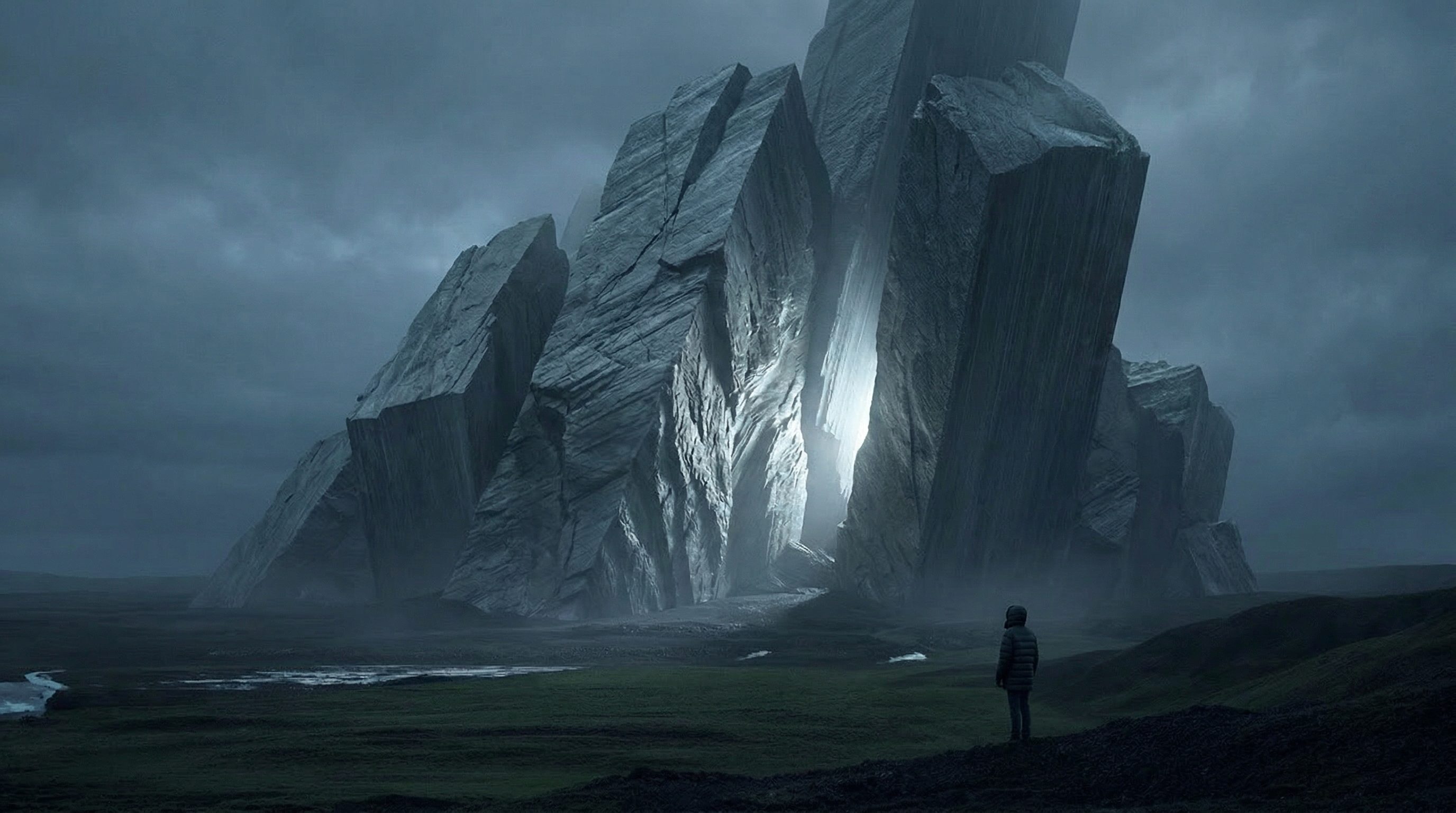 Lone figure facing colossal monolith in storm