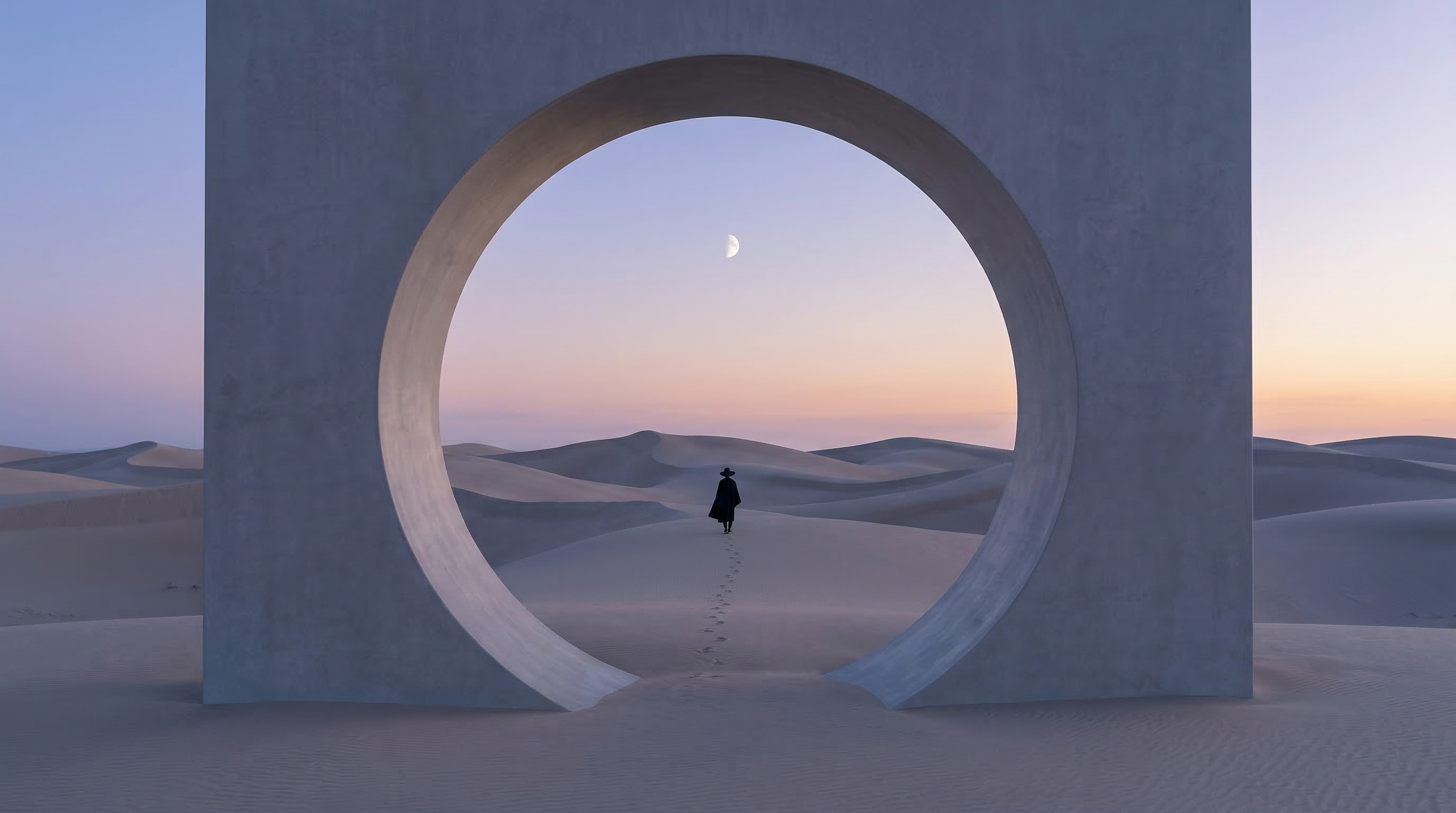 Lone traveler in desert framed by circular arch