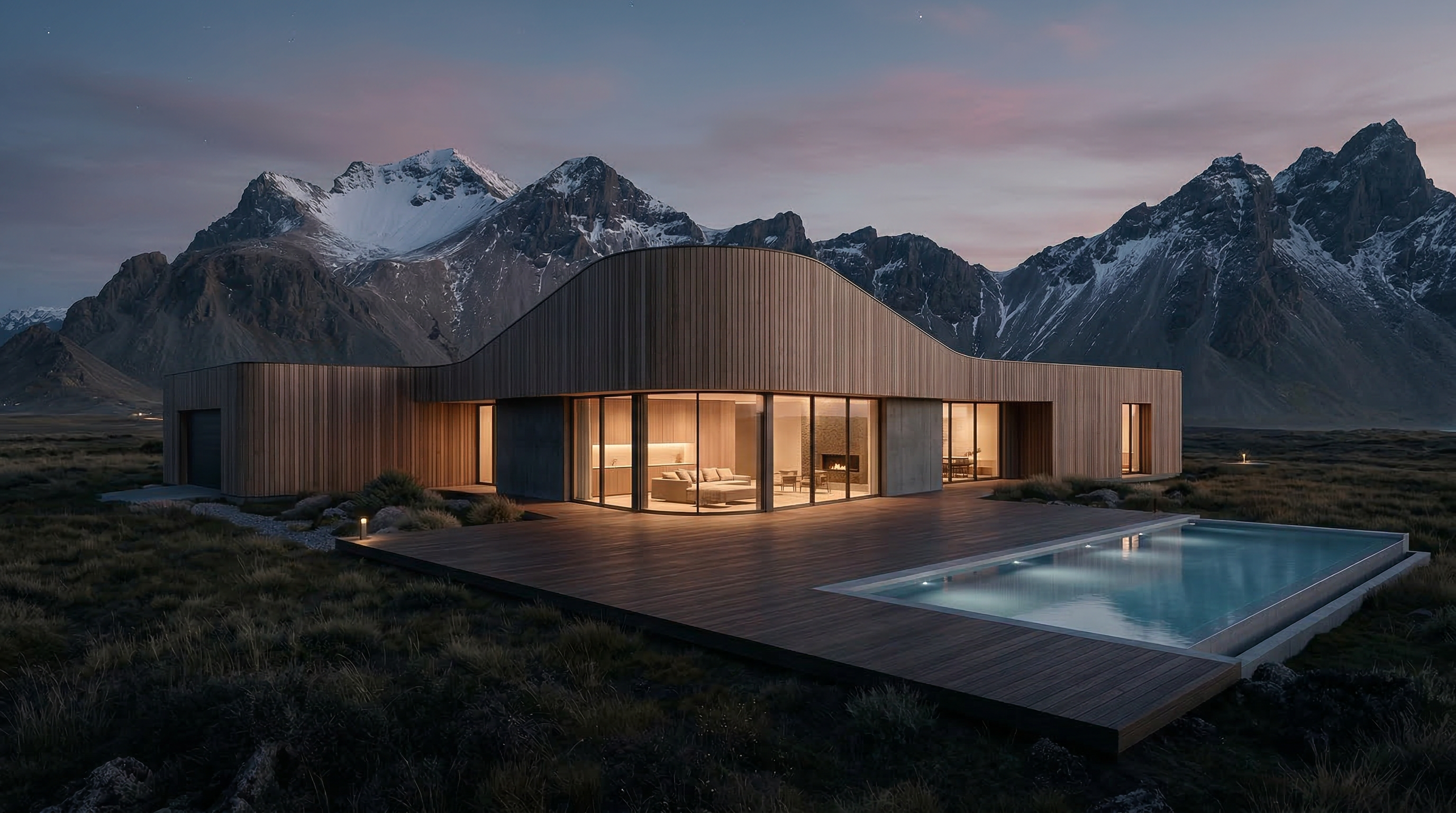 Modern Mountain House at Dusk