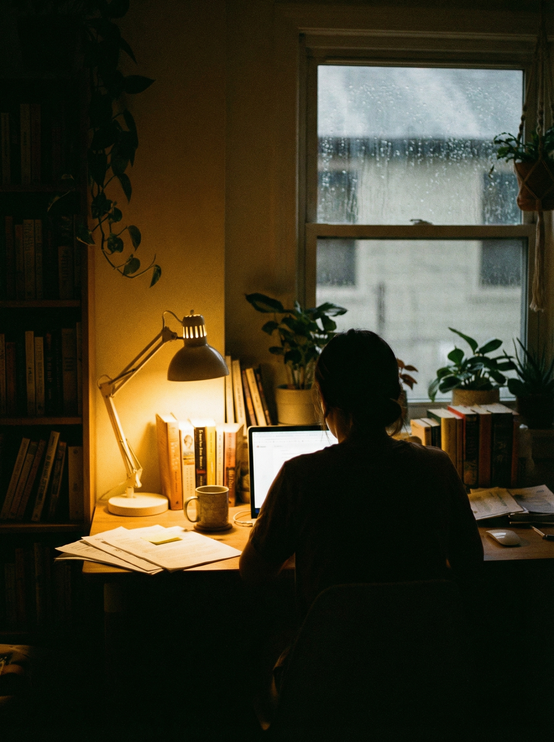 Person working at laptop on rainy evening