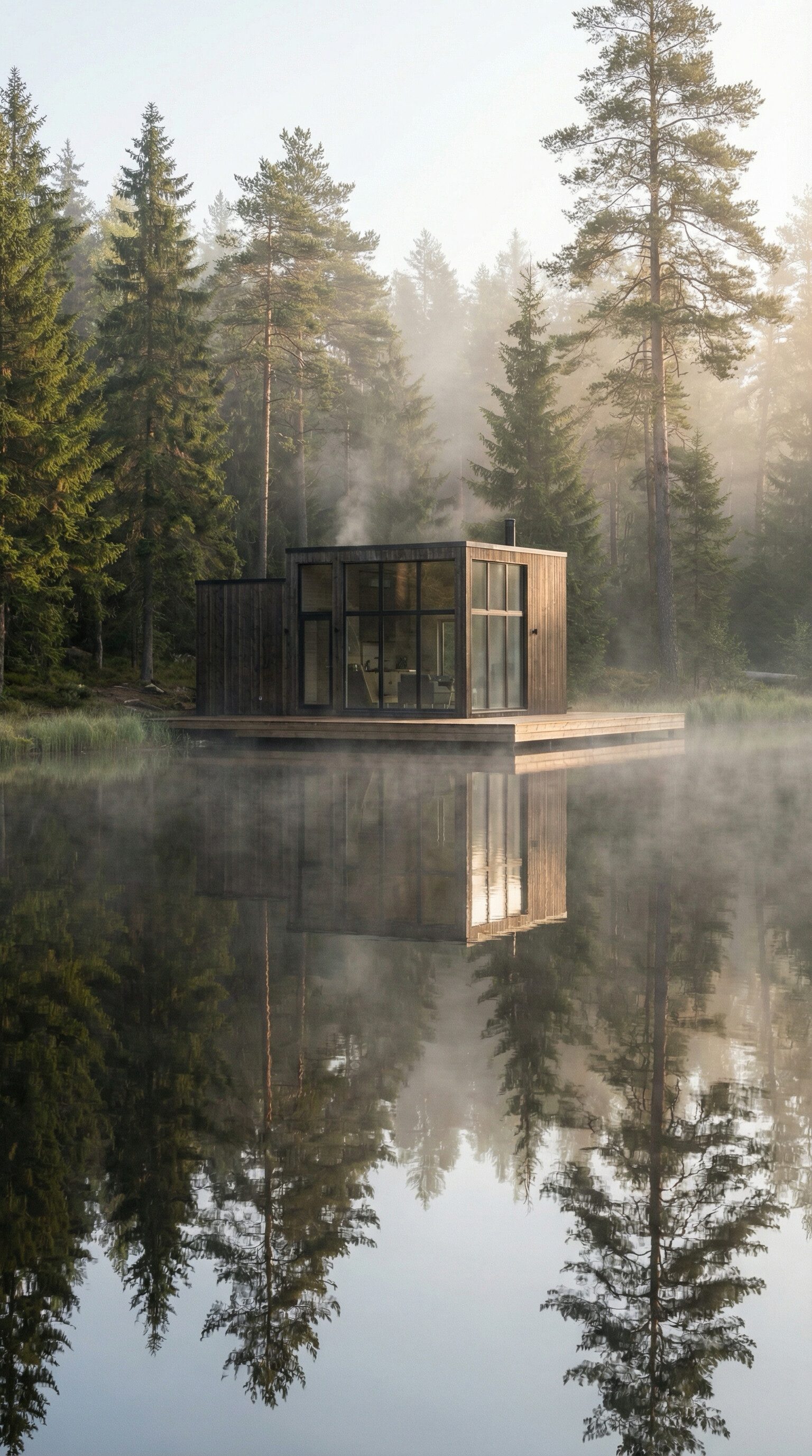 Modern lakeside cabin in misty forest