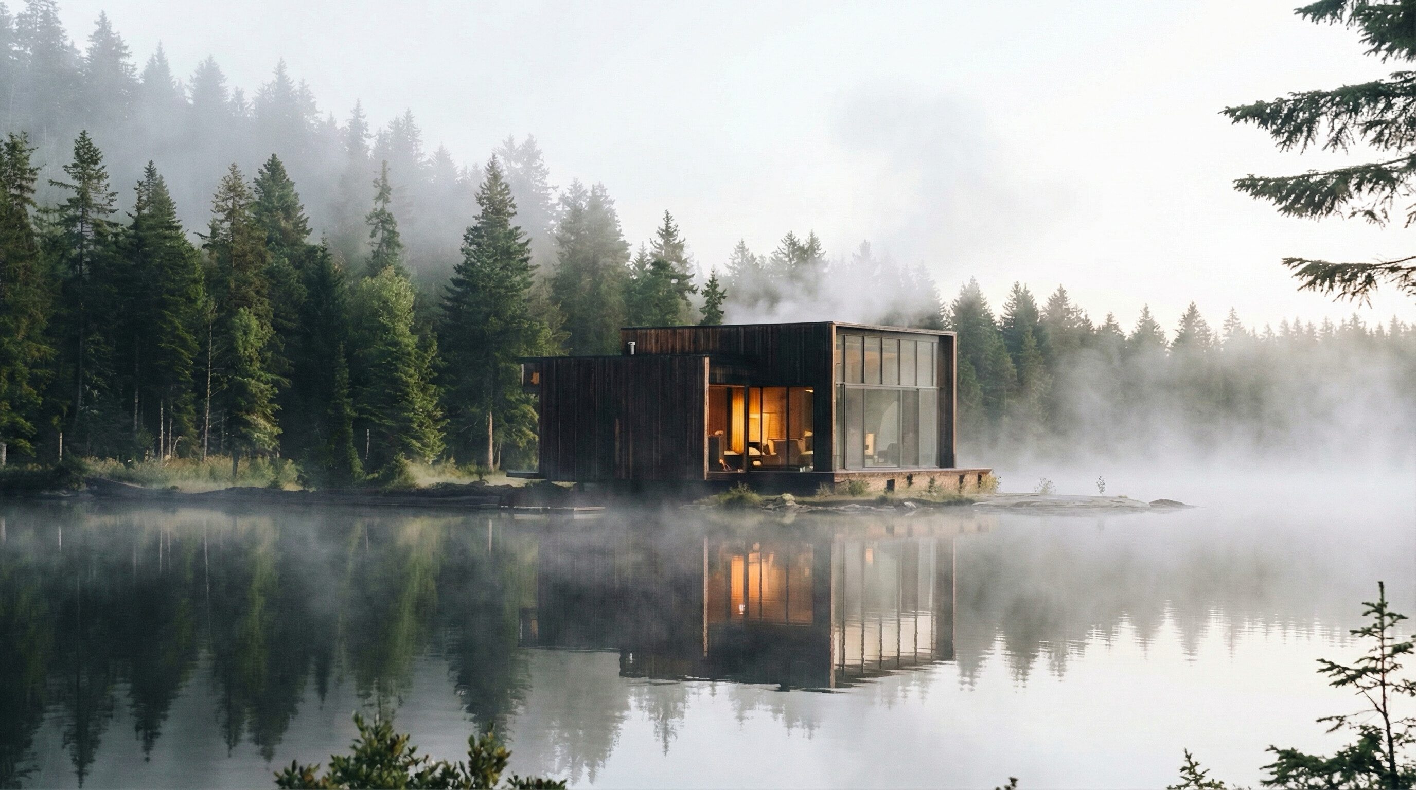 Modern cabin on misty forest lake