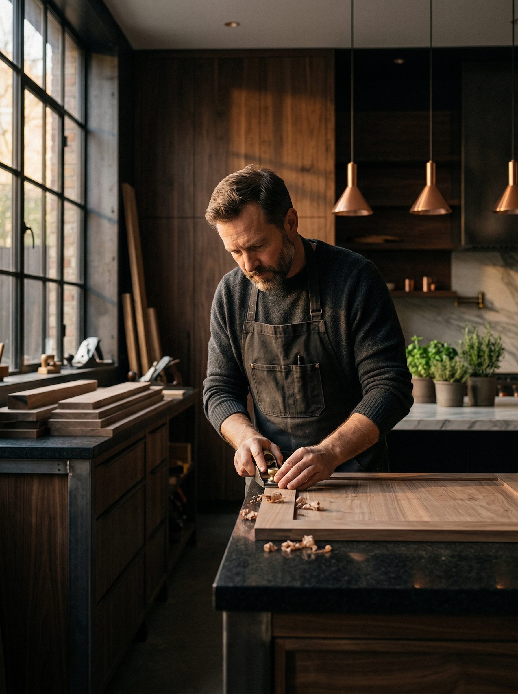 Carpenter planing wood in a modern workshop