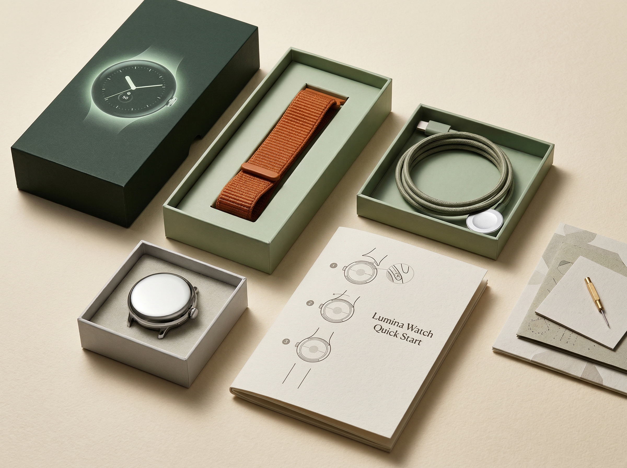 Smartwatch Unboxing Kit Flat Lay