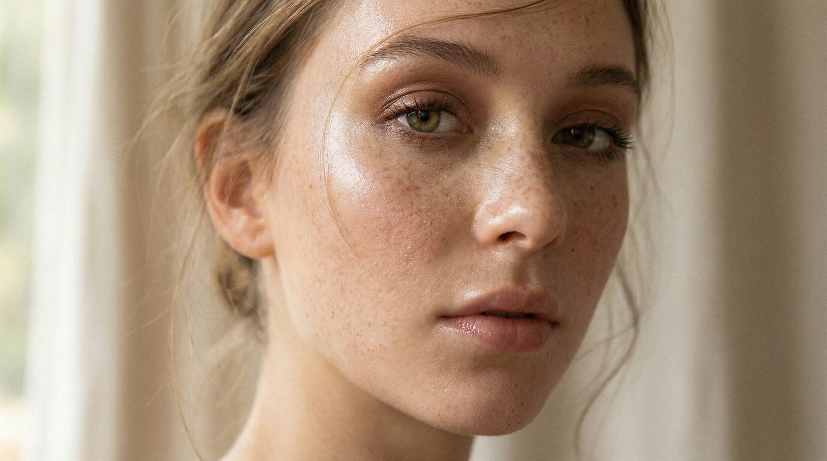 Close-up portrait of natural freckled face