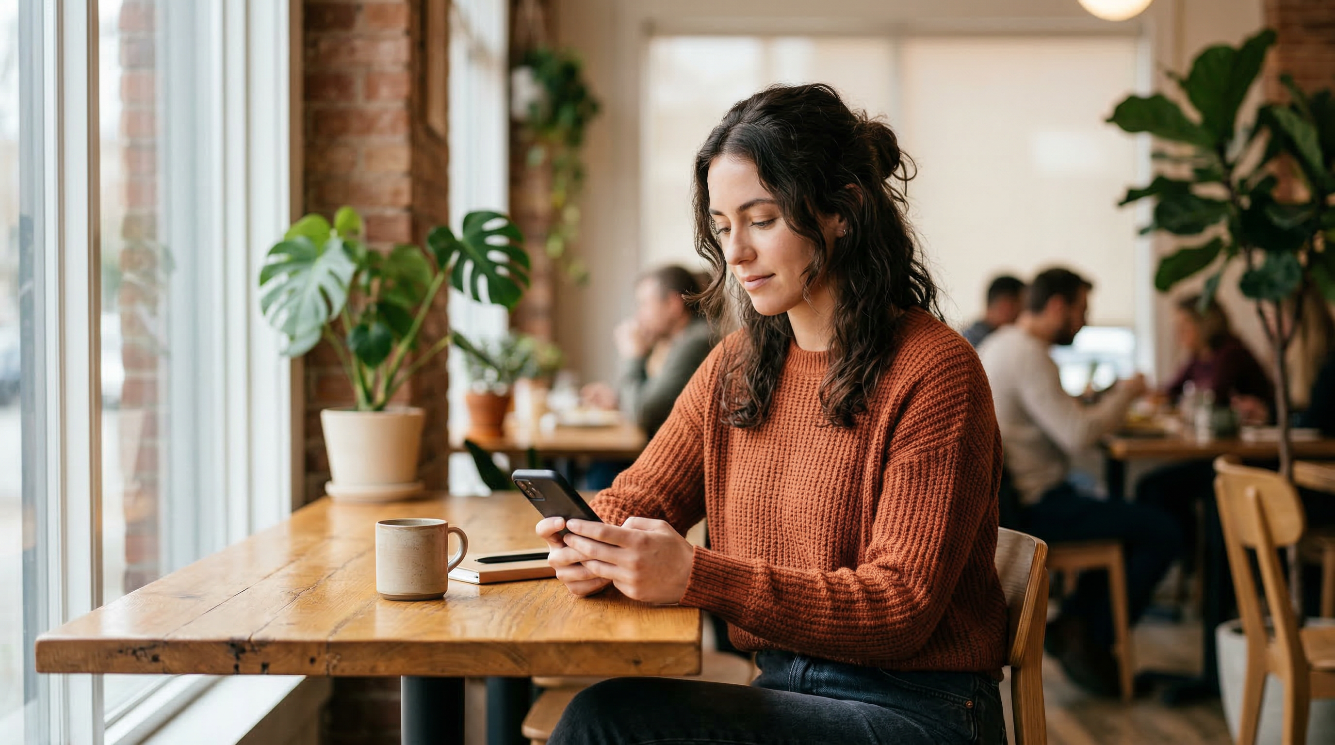 Woman Using Smartphone in Cozy Cafe
