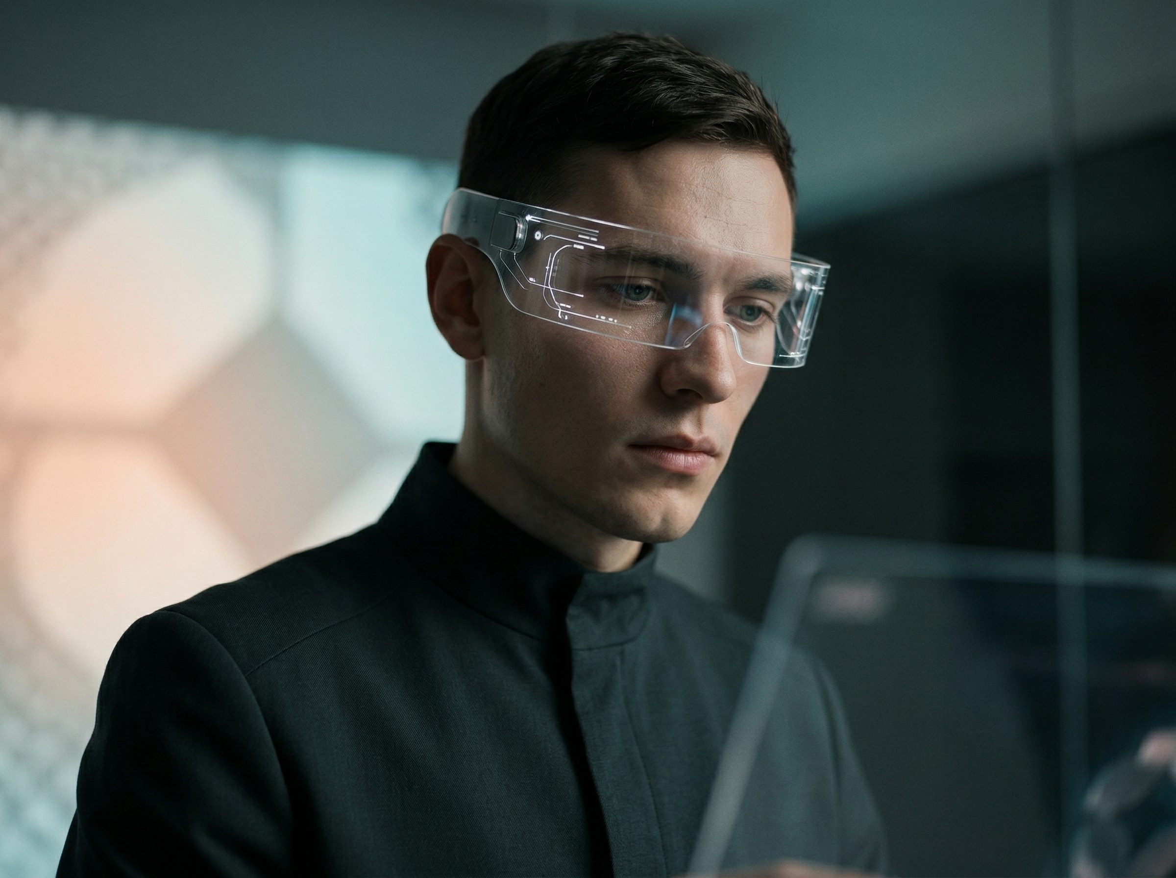 Man Wearing AR Smart Glasses in Modern Office