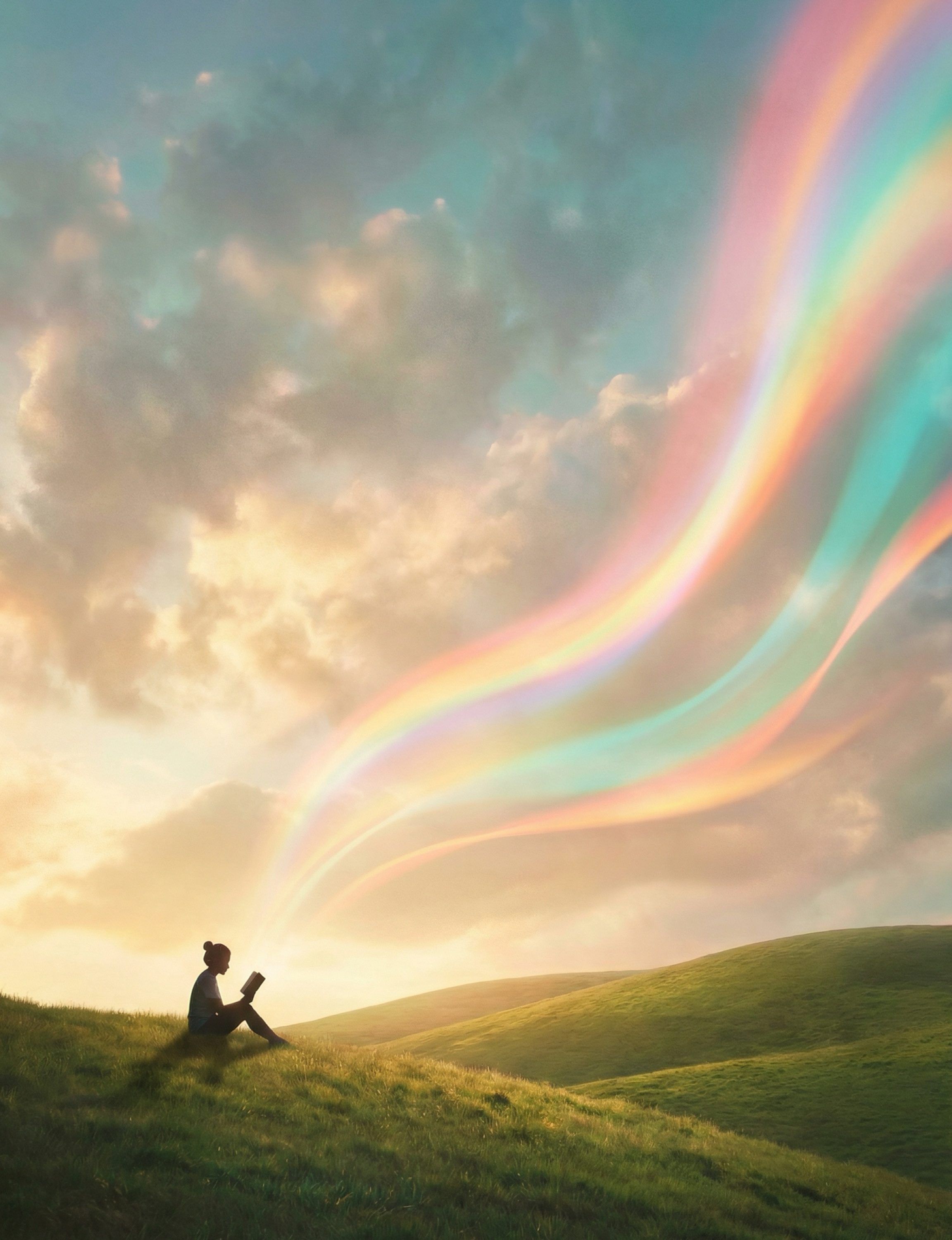 Person Reading Under Magical Rainbow Sky