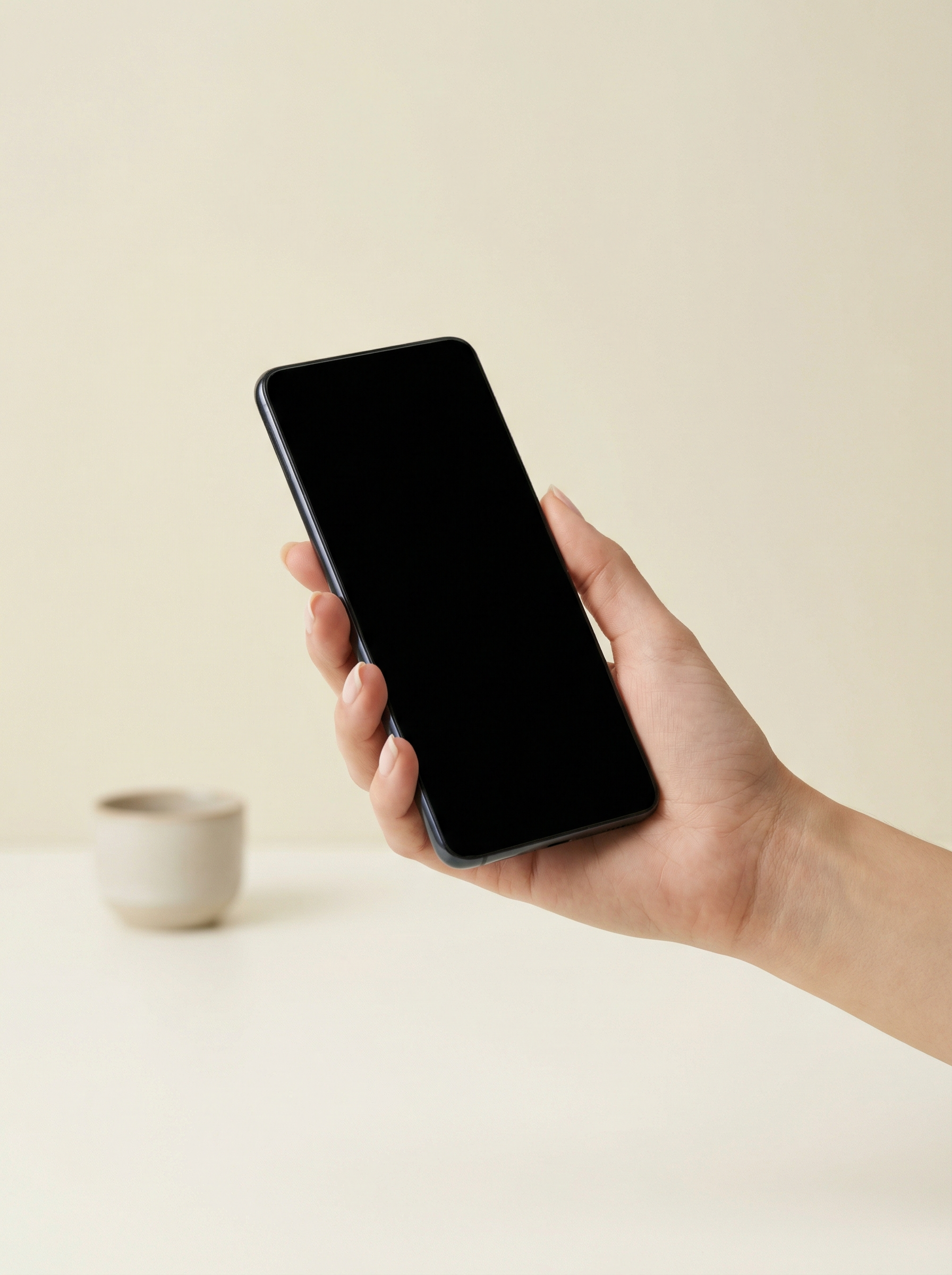 Hand holding smartphone on neutral background