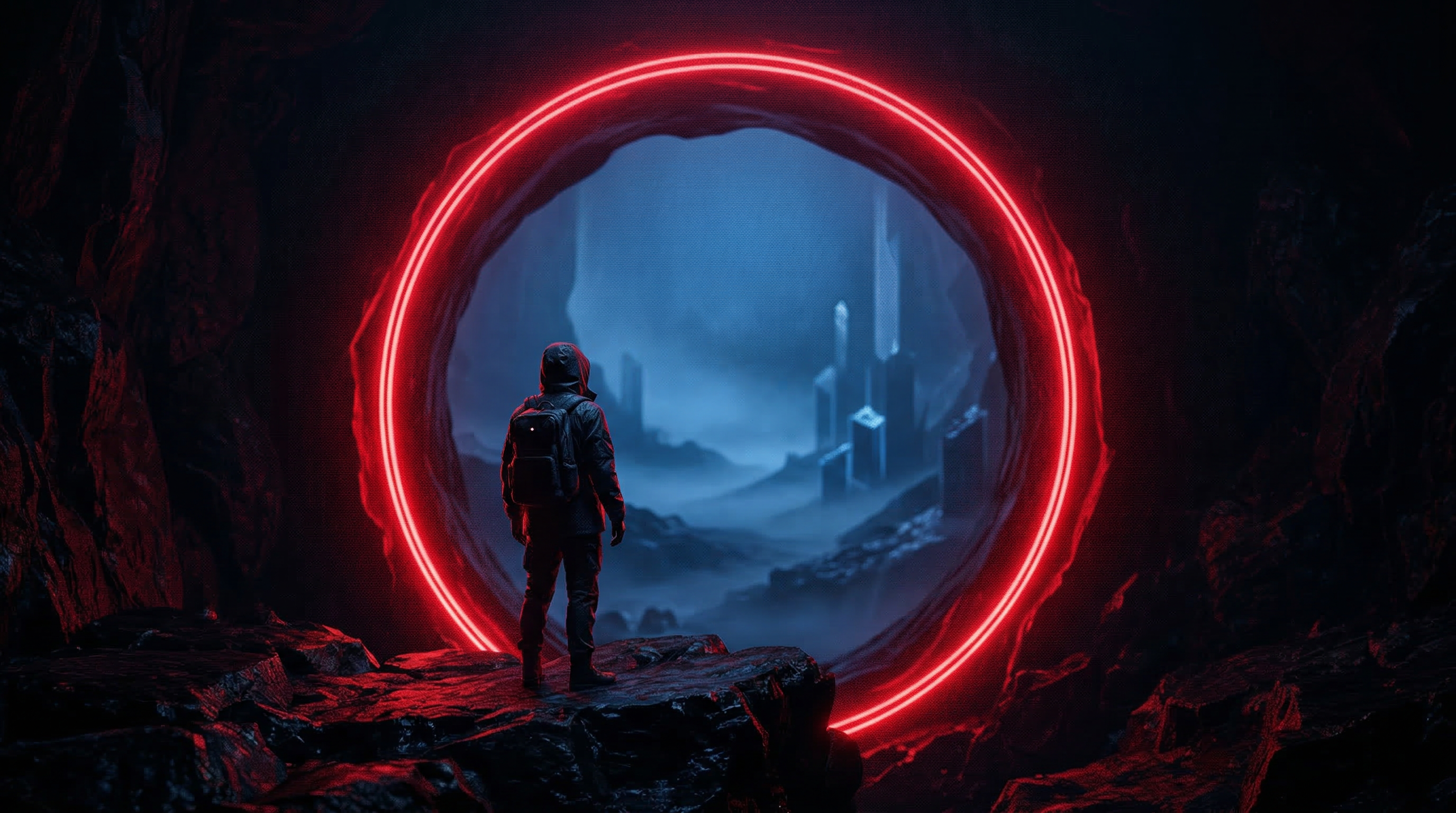 Explorer at Neon Portal to Futuristic City