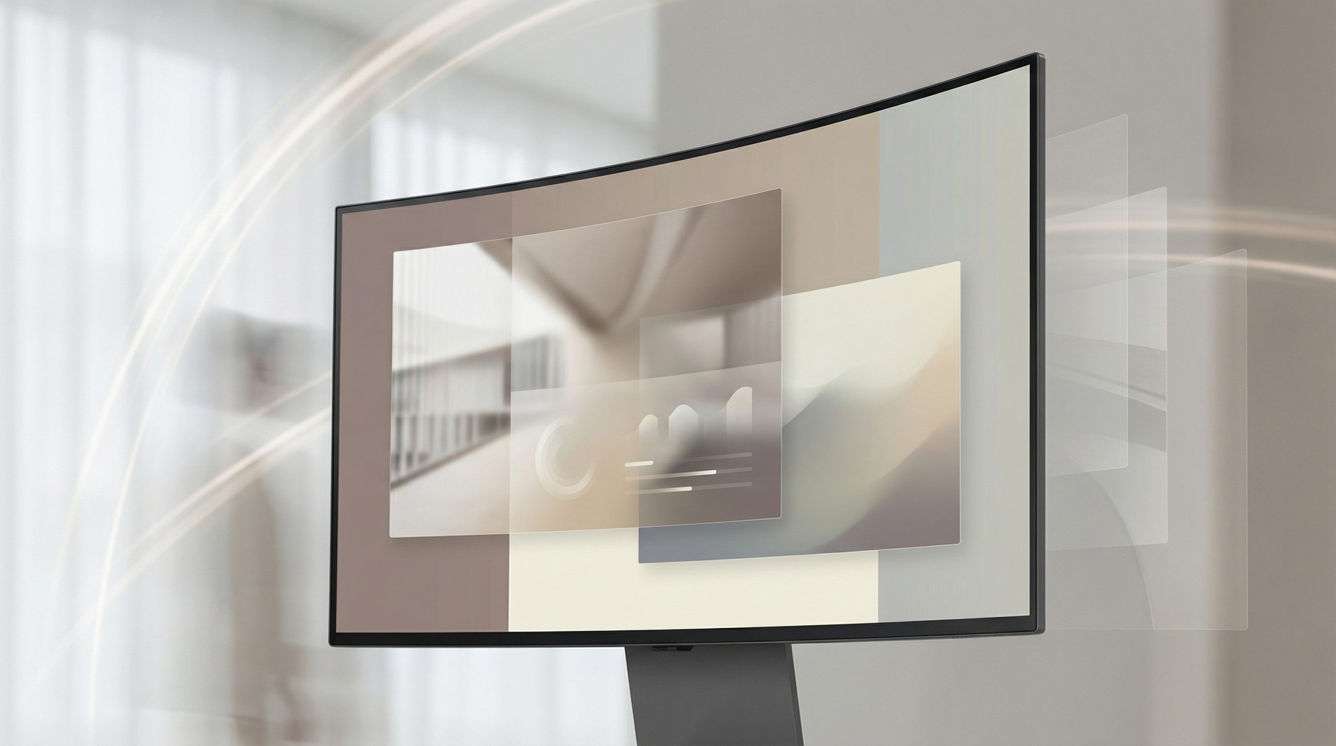 Curved monitor with floating digital interfaces