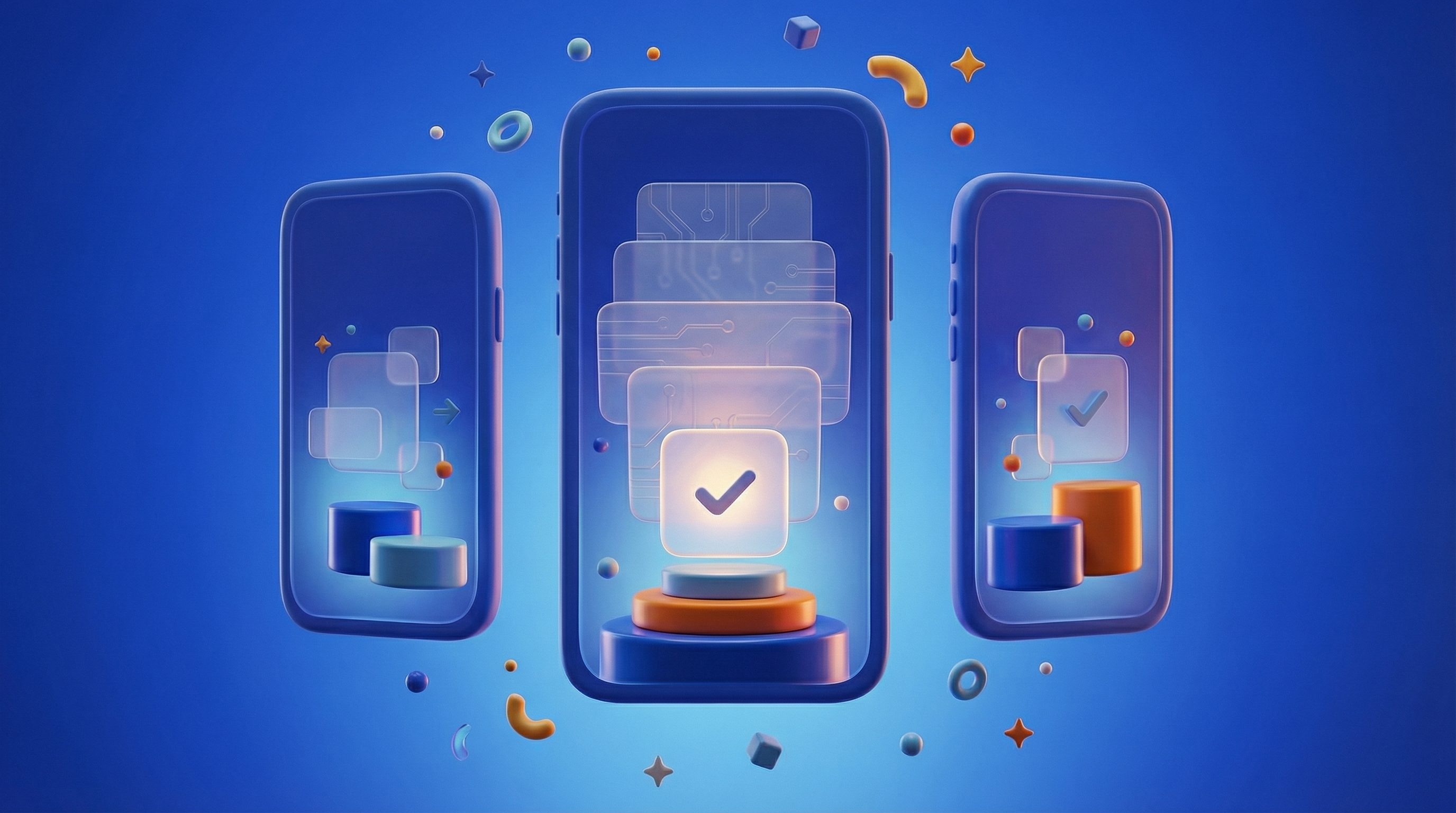 3D mobile app interface with checkmark icons