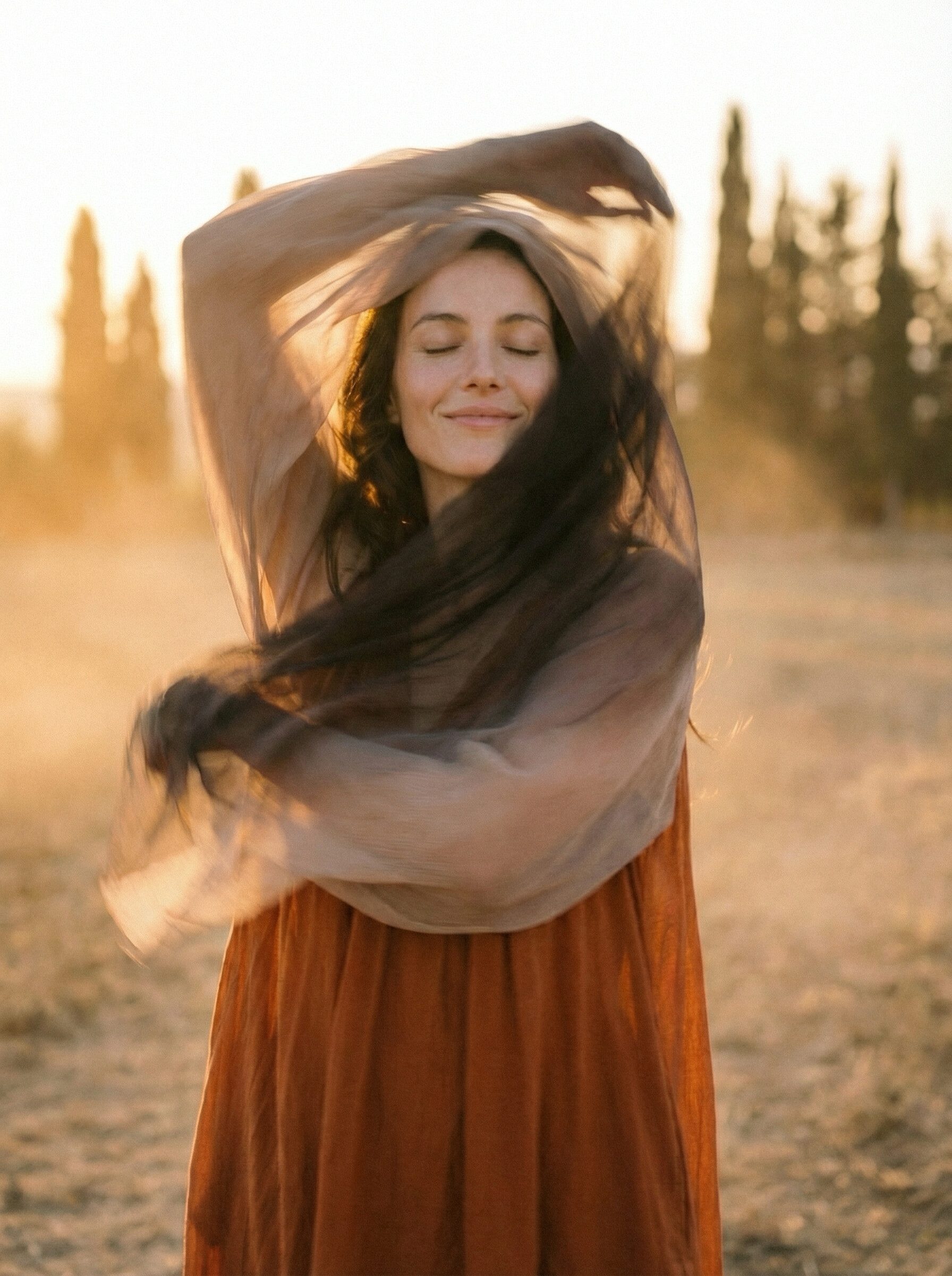 Woman dancing with flowing scarf at sunset