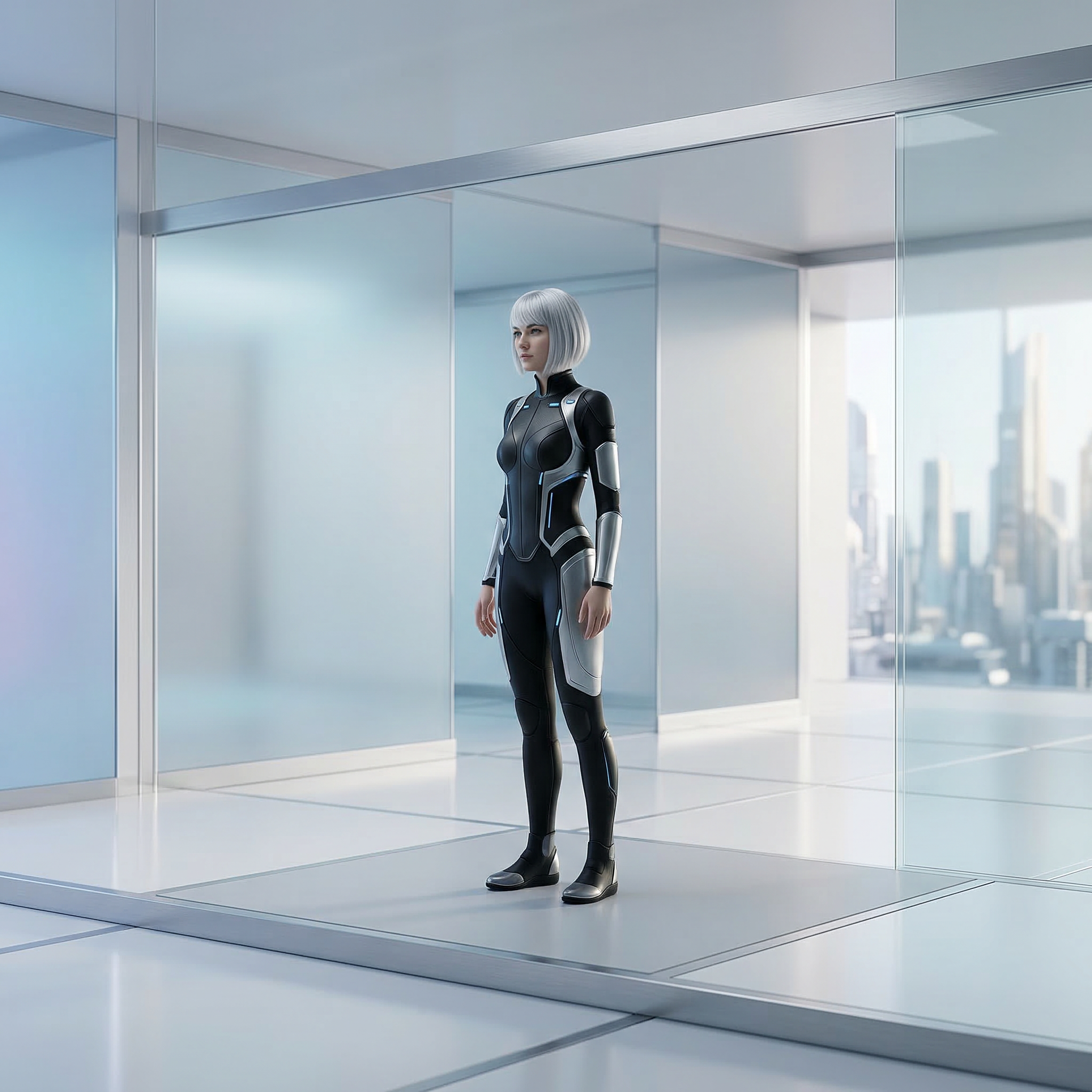 Futuristic Female Android in Glass Interior