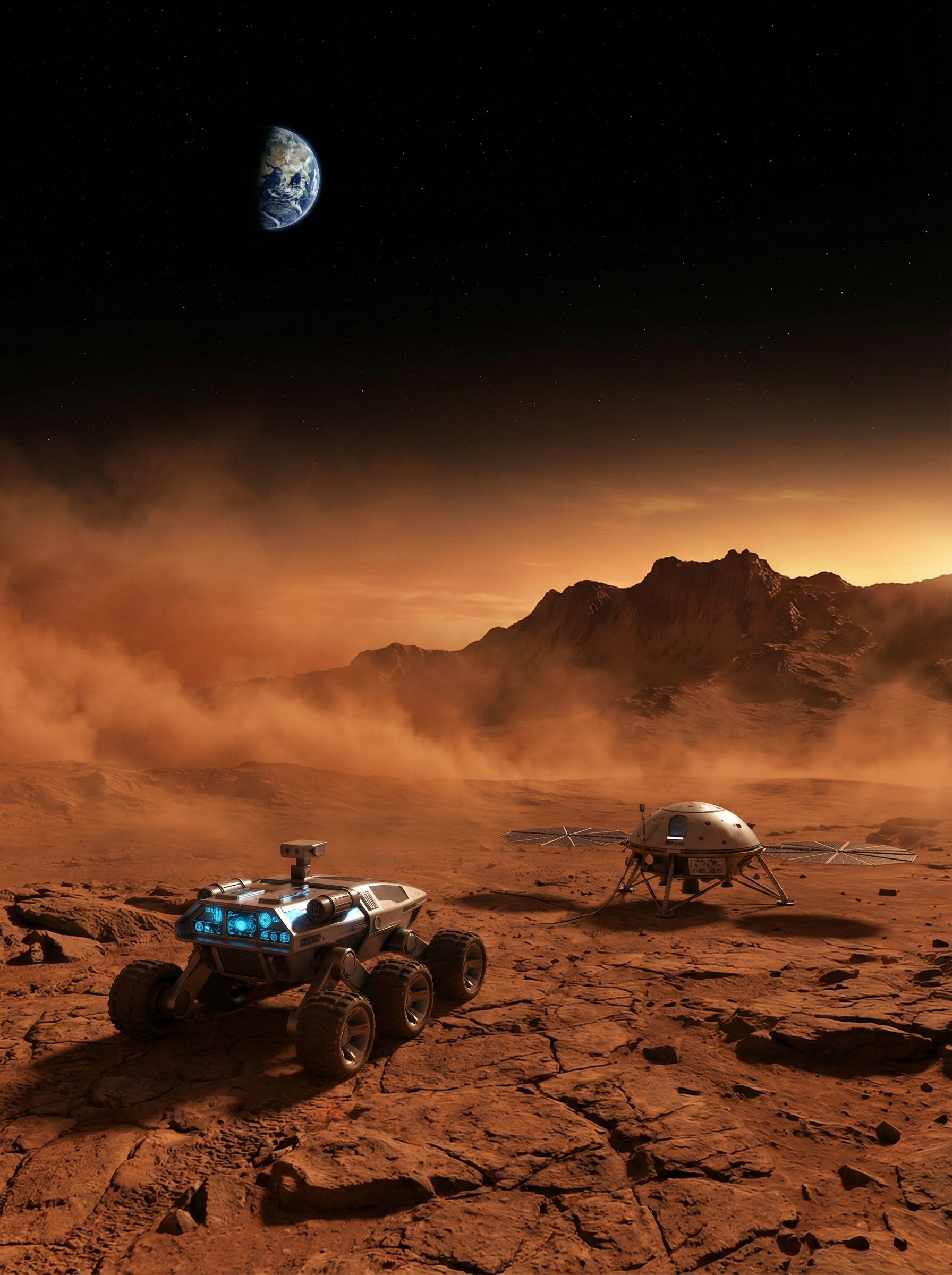 Futuristic rover and lander on Mars landscape