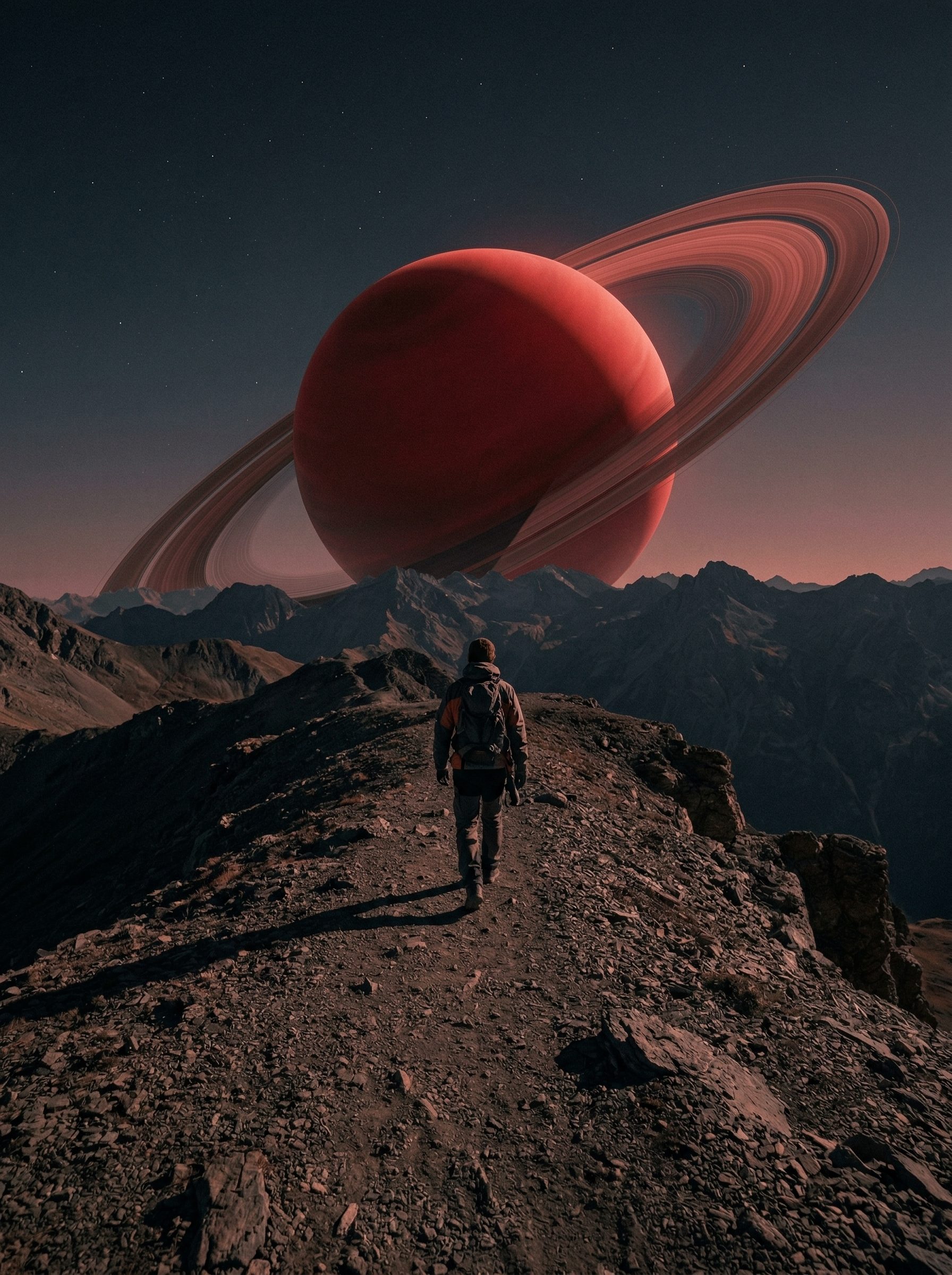 Hiker on ridge beneath red ringed planet