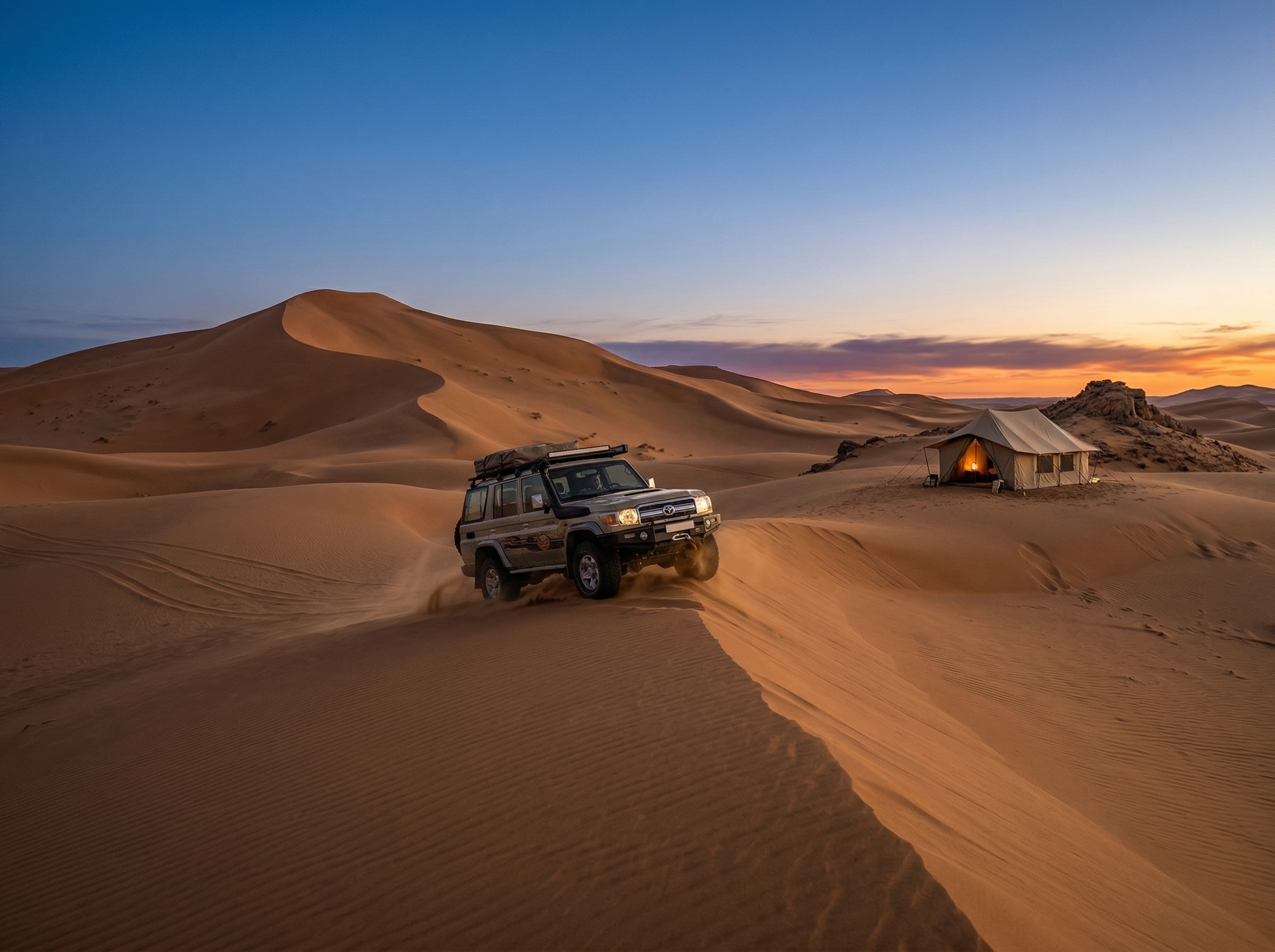 Off-Road SUV at Desert Camp at Dusk