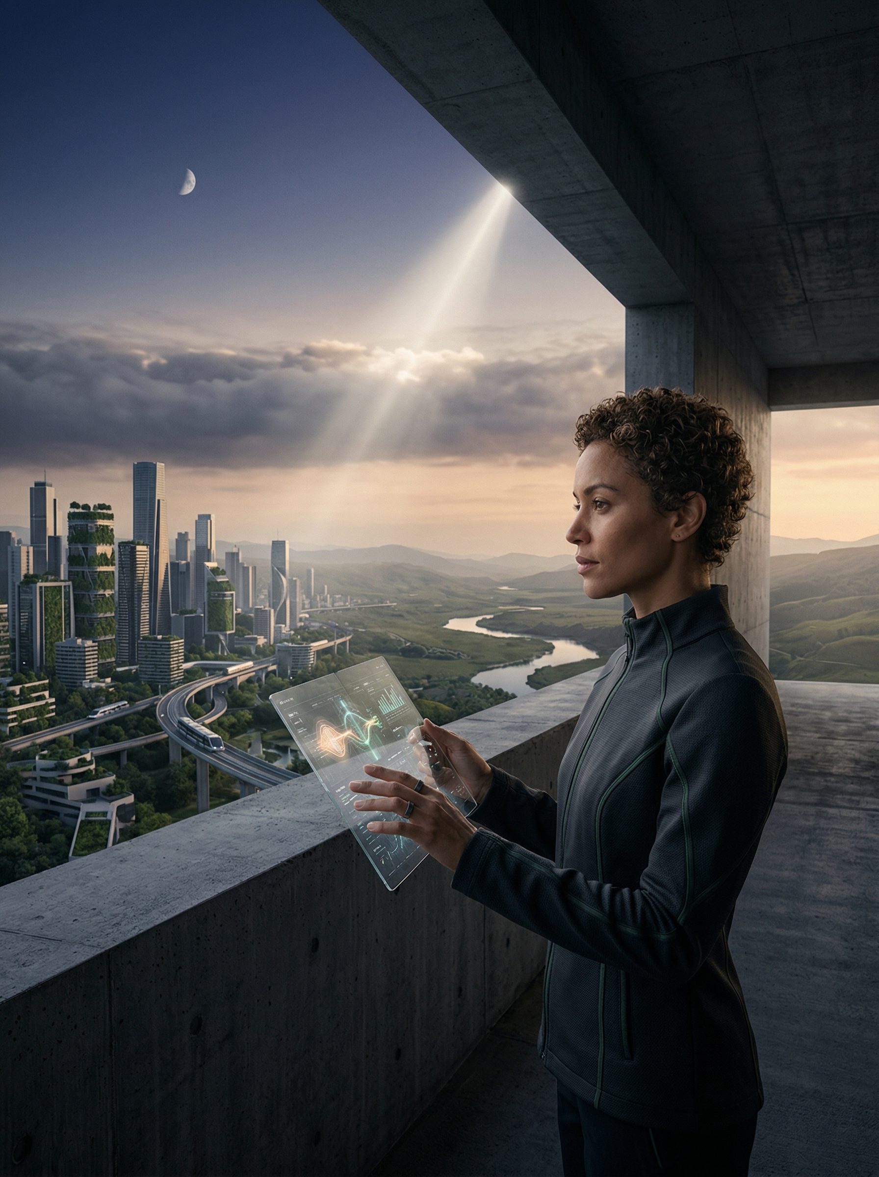 Futuristic analyst with holographic tablet at skyline