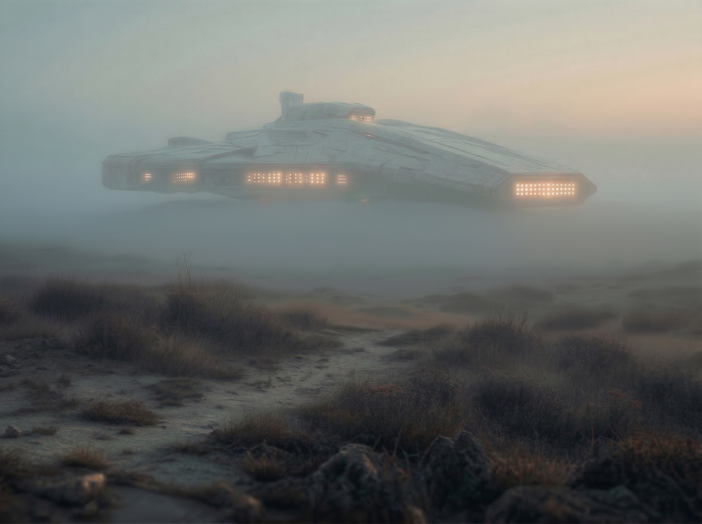 Futuristic Hovercraft in Foggy Wasteland