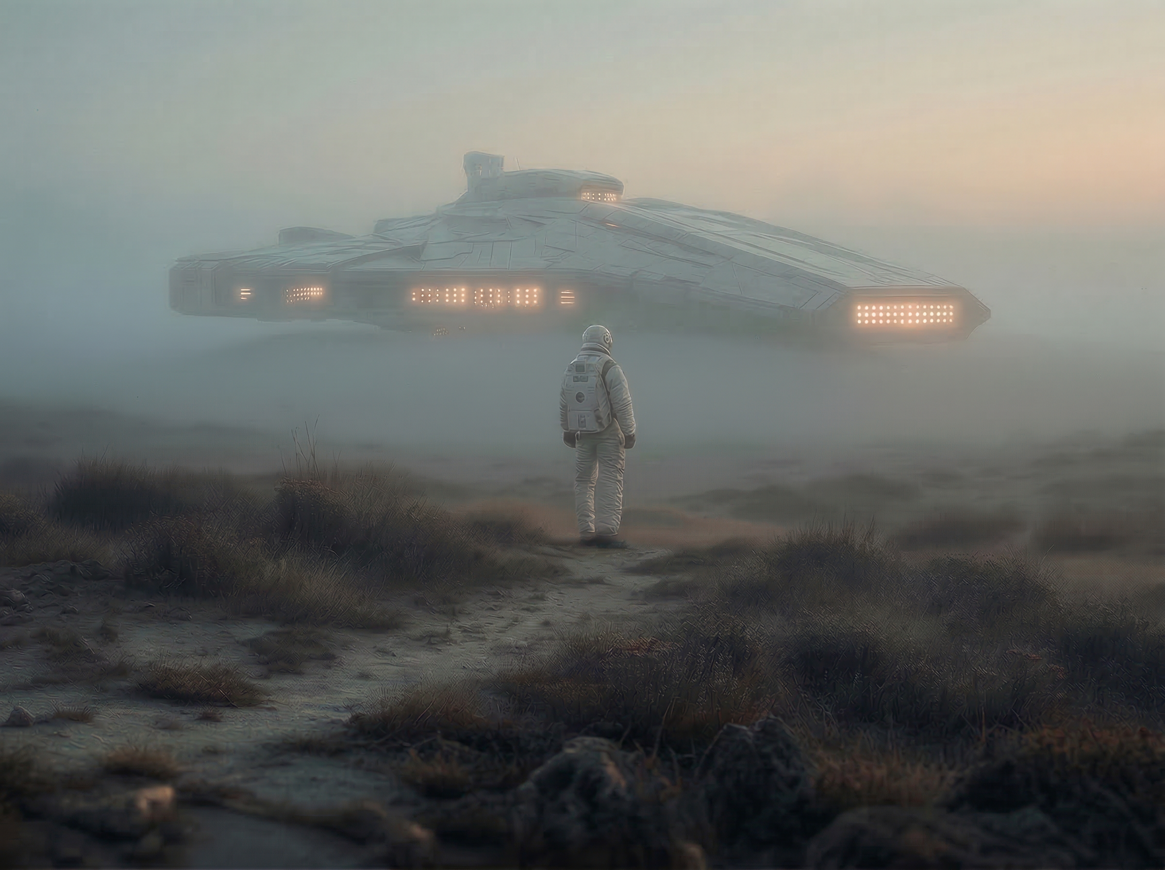 Astronaut Facing a Foggy Alien Spacecraft