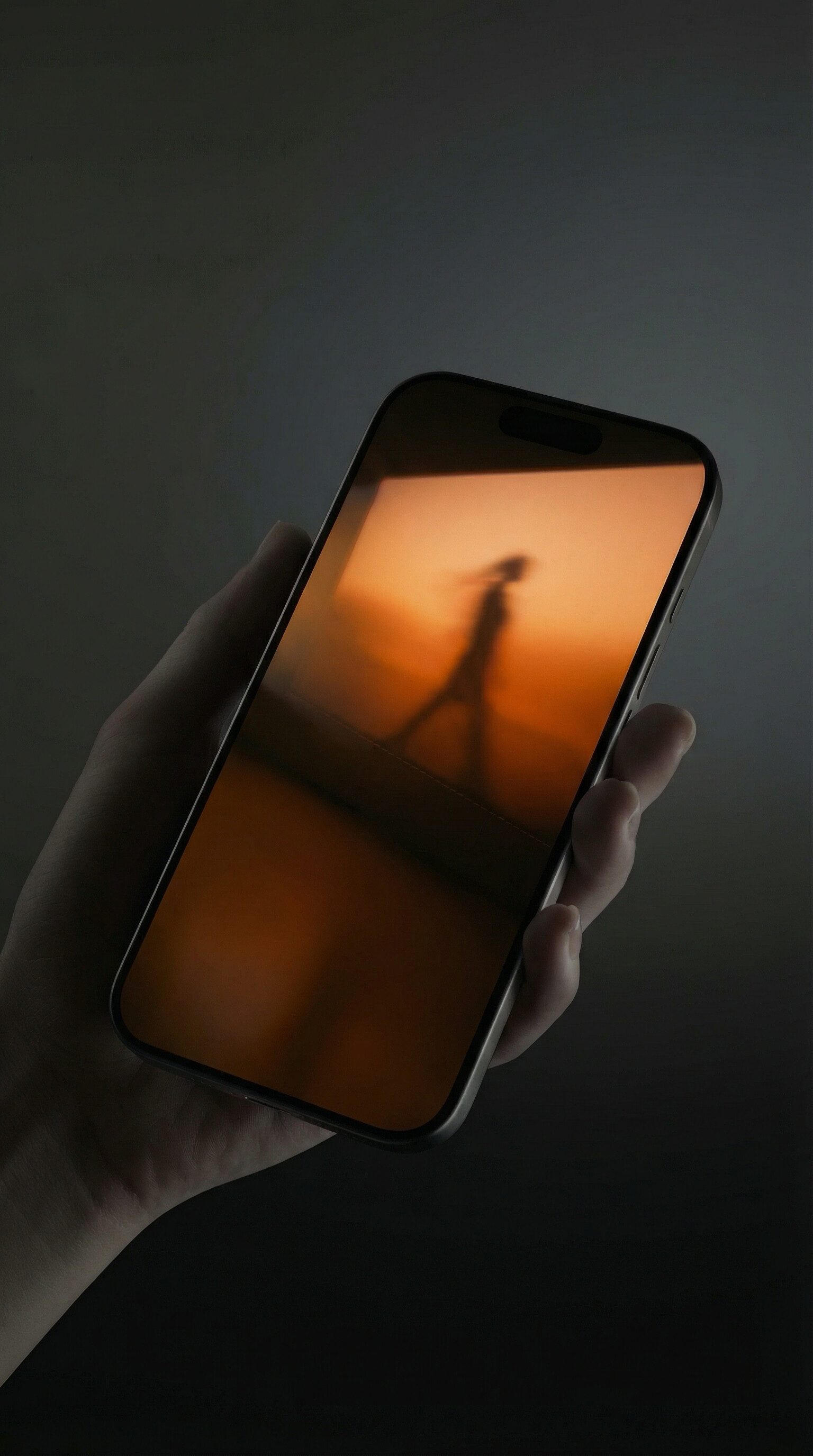 Hand holding smartphone with abstract silhouette