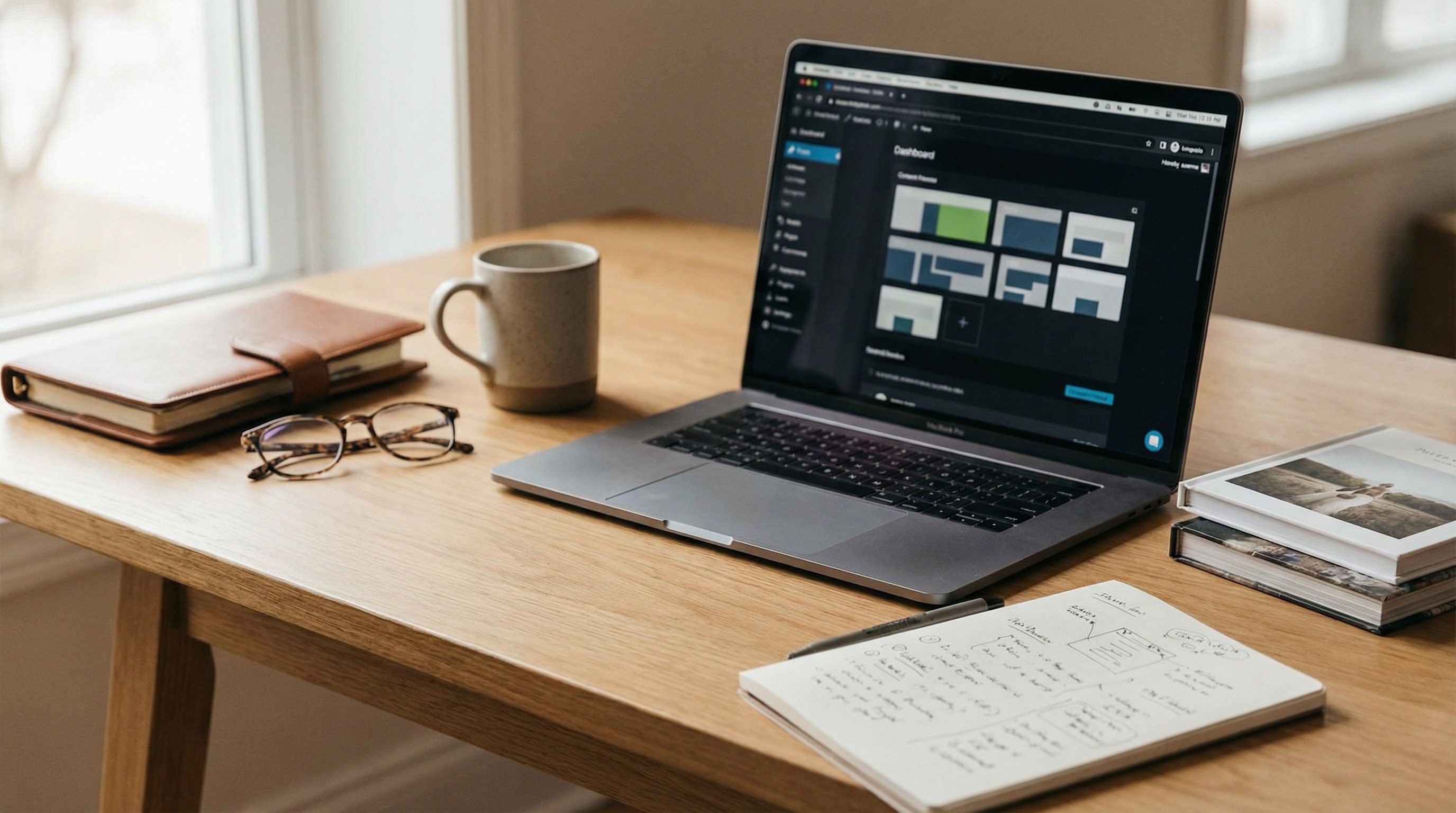 Laptop and notebook on minimalist wooden desk