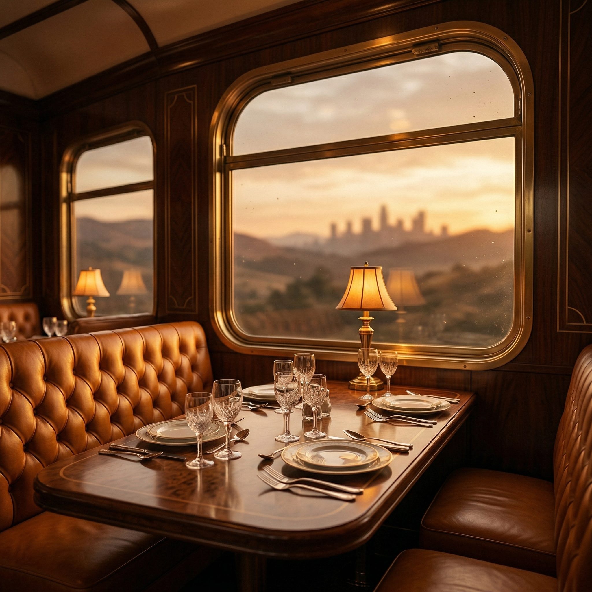 Luxury train dining cabin at sunset