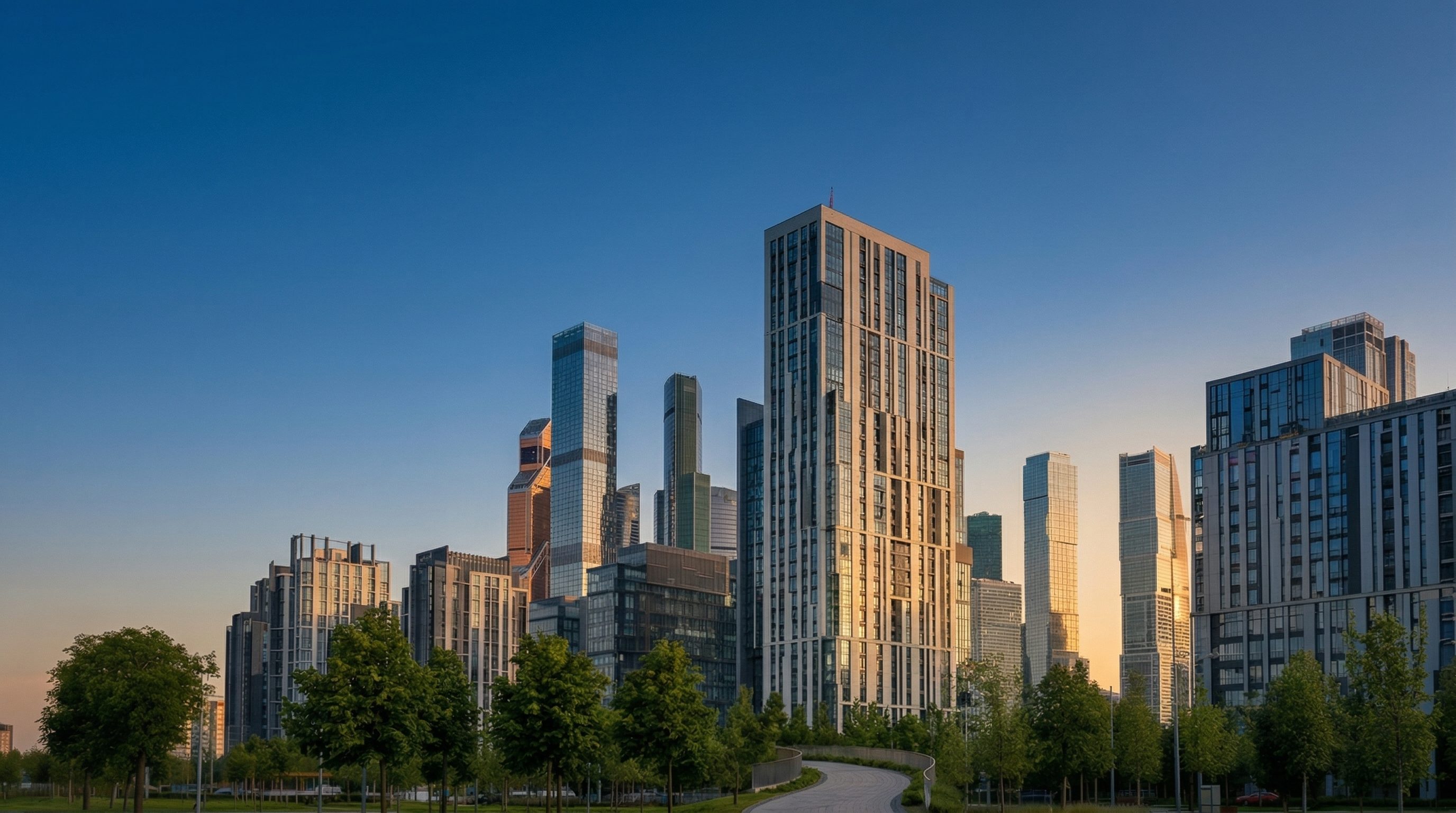 Modern city skyline at sunset with park foreground